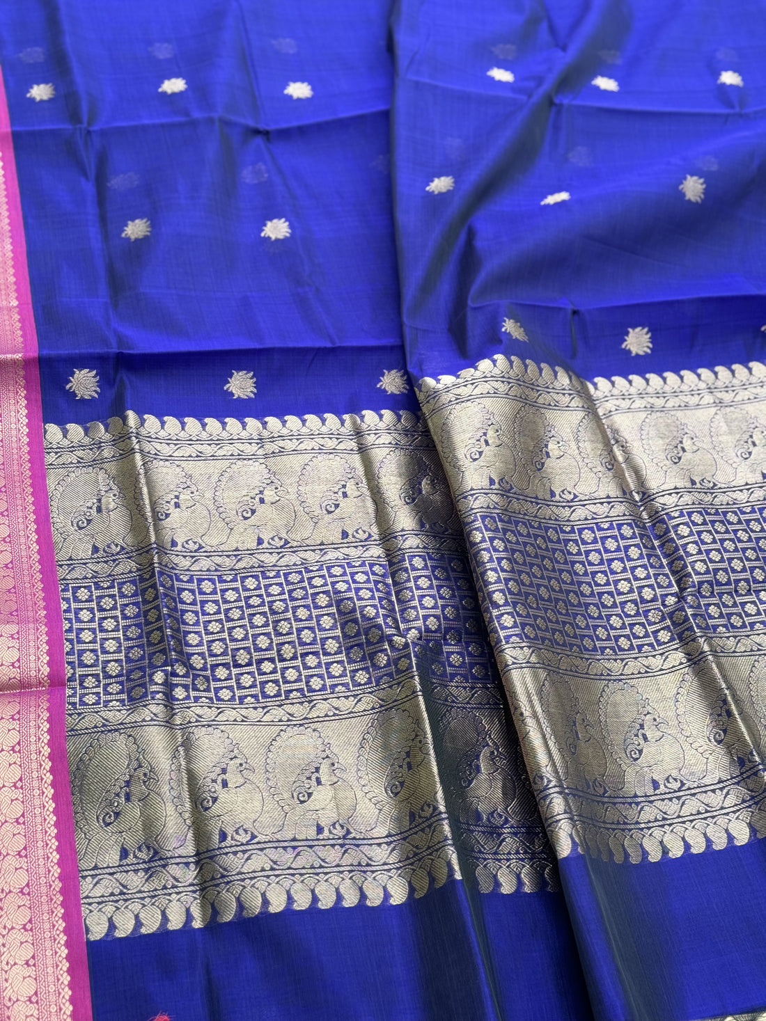 Royal blue shade handwoven lotus motifs Kanchi silk cotton saree
