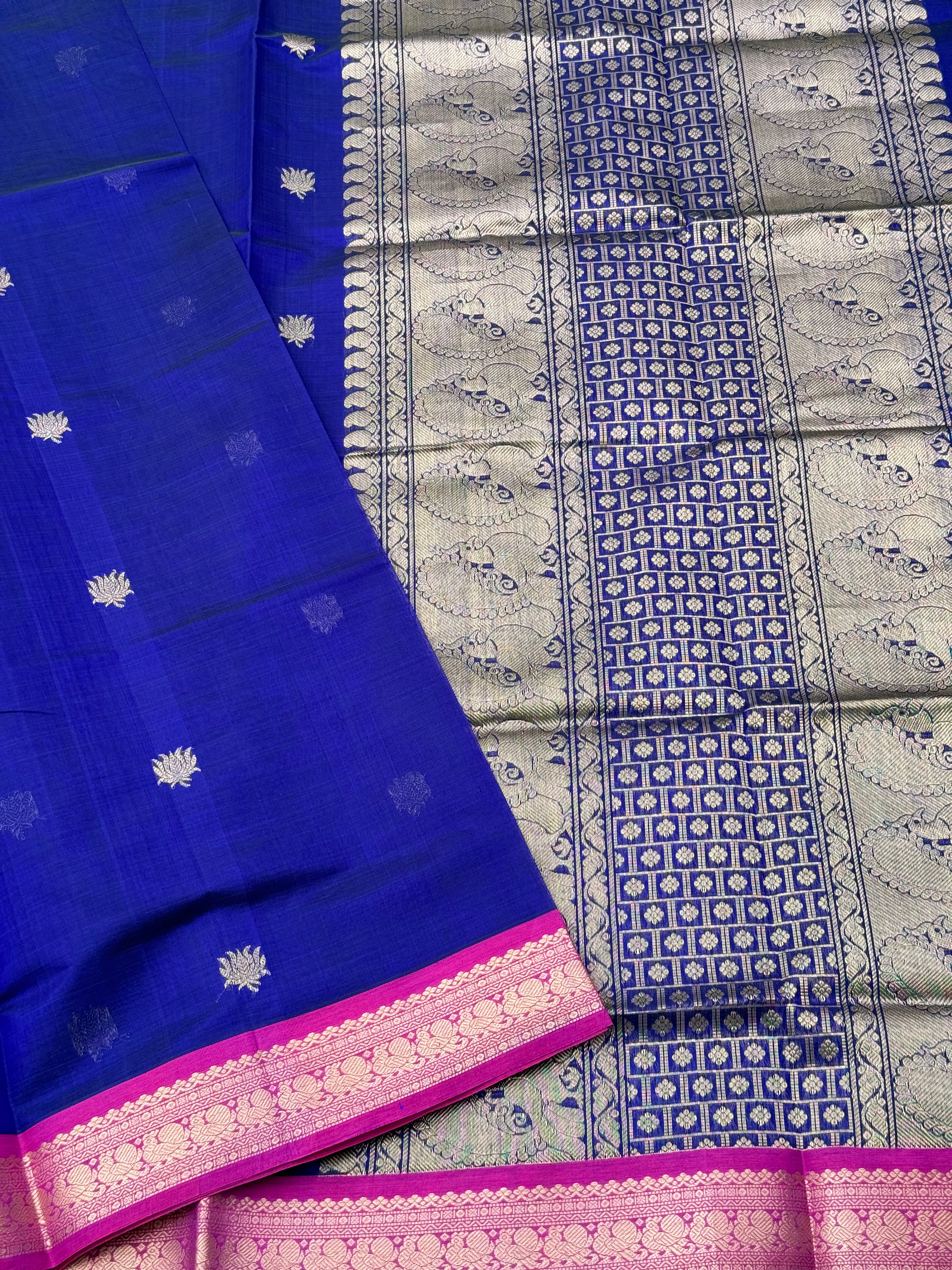Royal blue shade handwoven lotus motifs Kanchi silk cotton saree