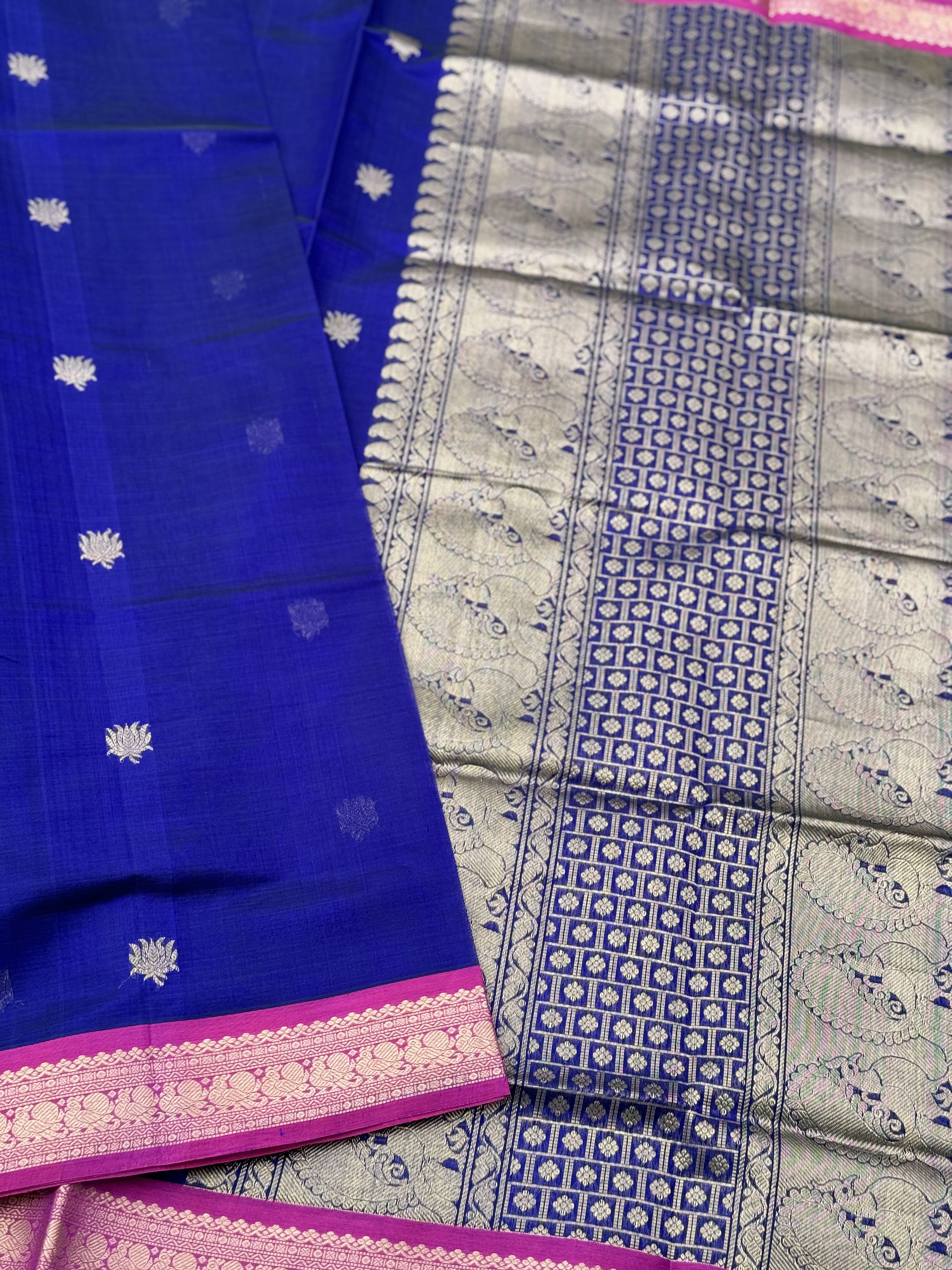 Royal blue shade handwoven lotus motifs Kanchi silk cotton saree