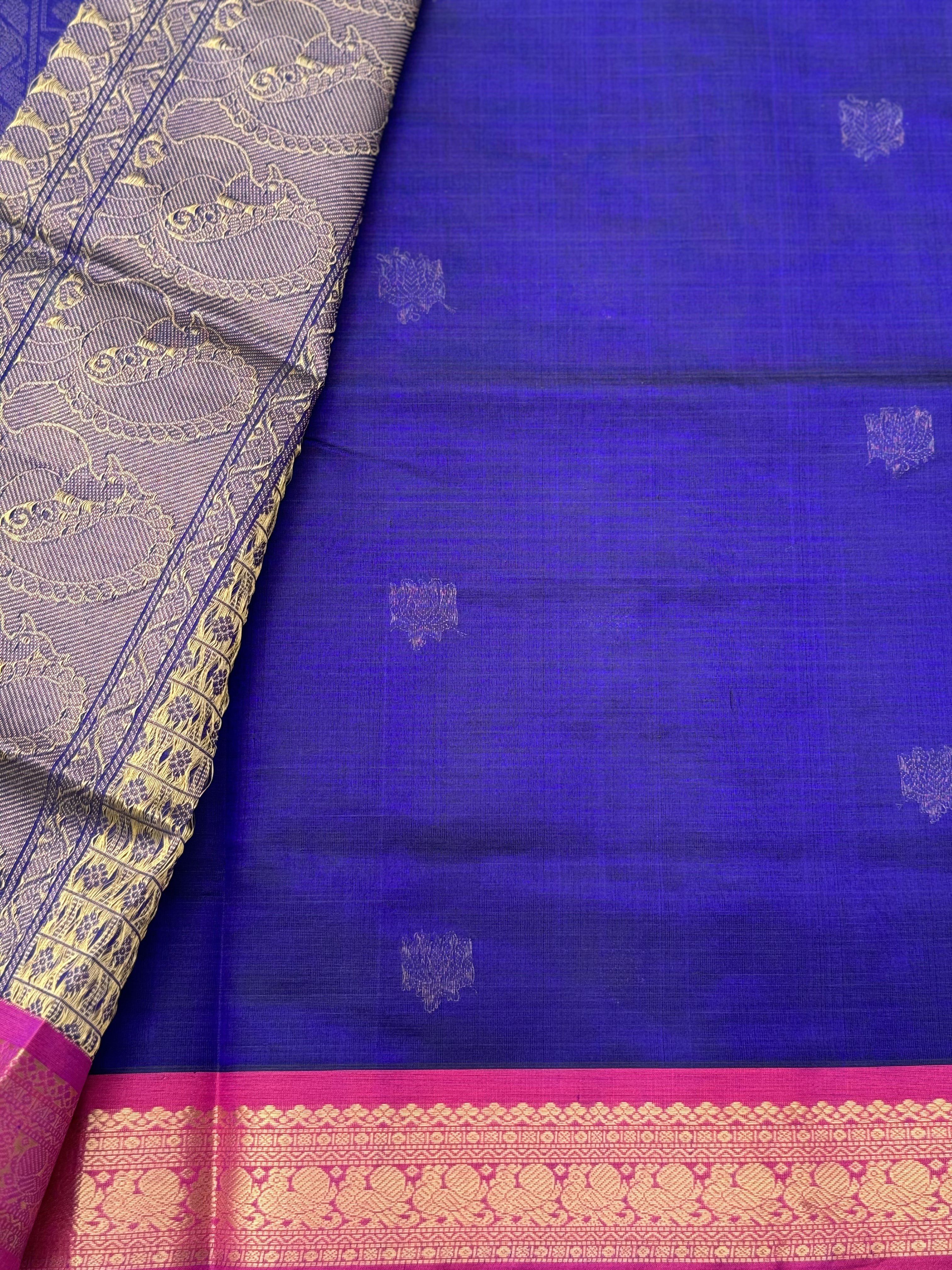 Royal blue shade handwoven lotus motifs Kanchi silk cotton saree
