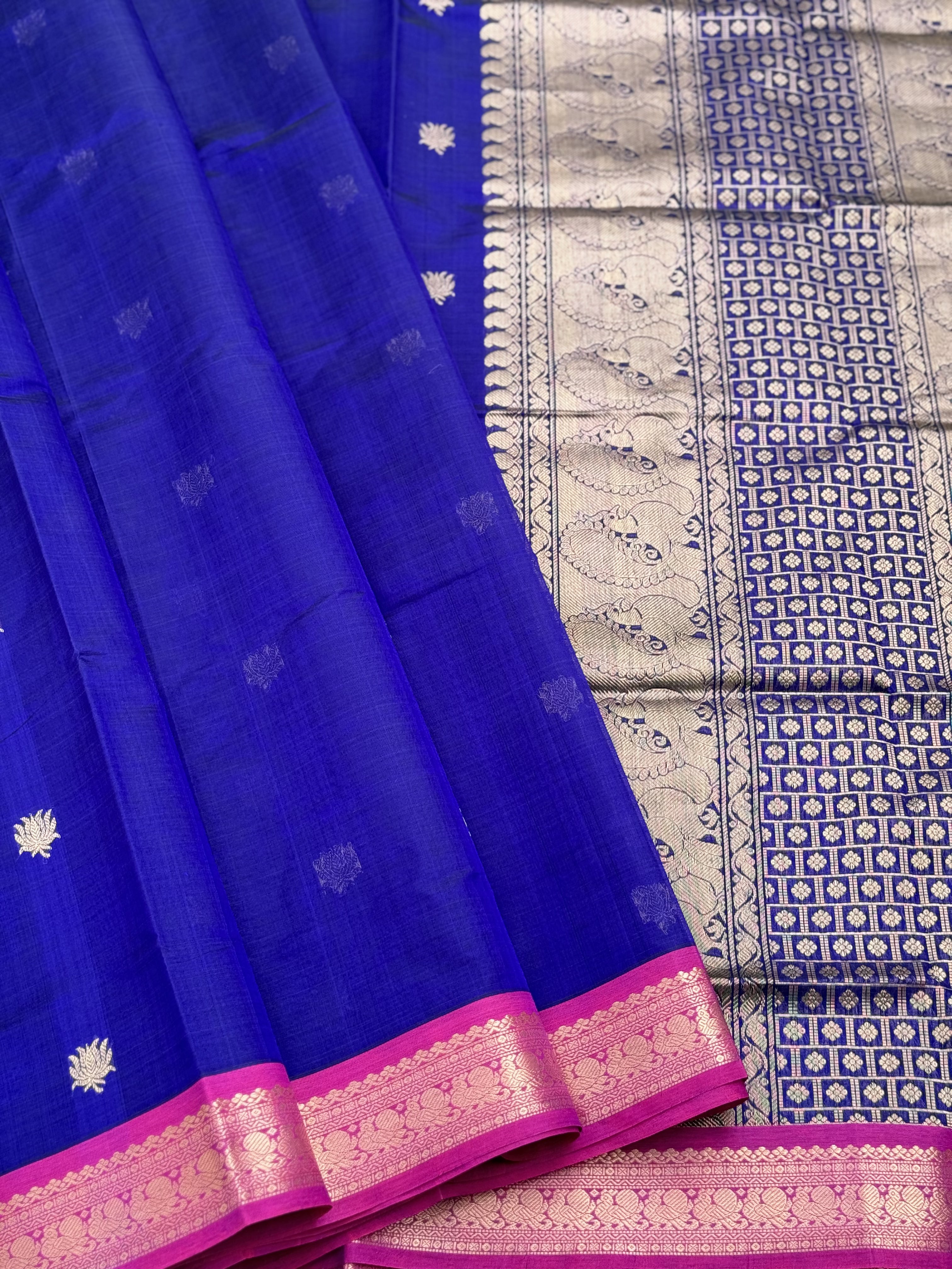 Royal blue shade handwoven lotus motifs Kanchi silk cotton saree