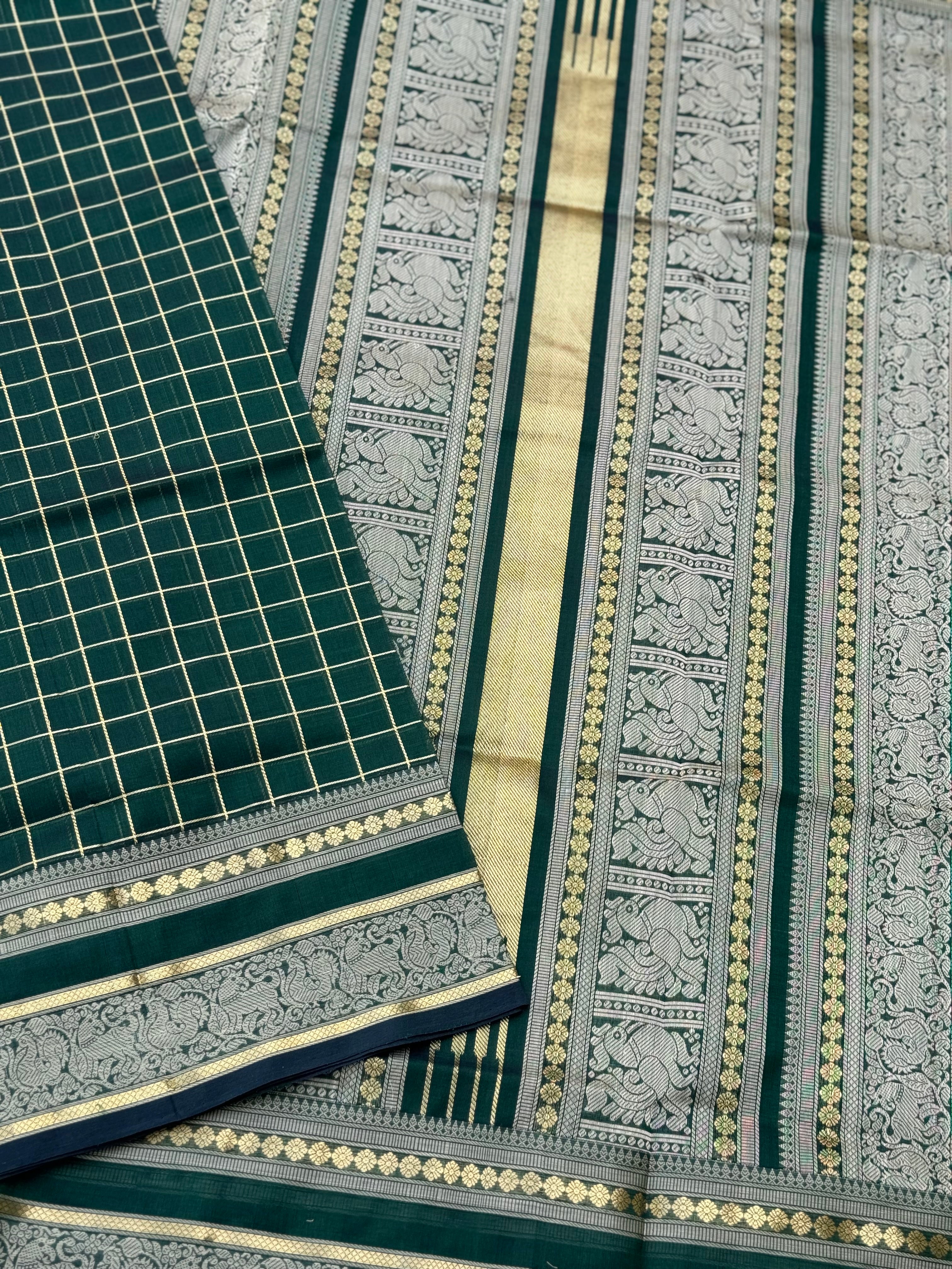 A gorgeous bottlegreen shade handwoven kattam Kanchi silk cotton saree