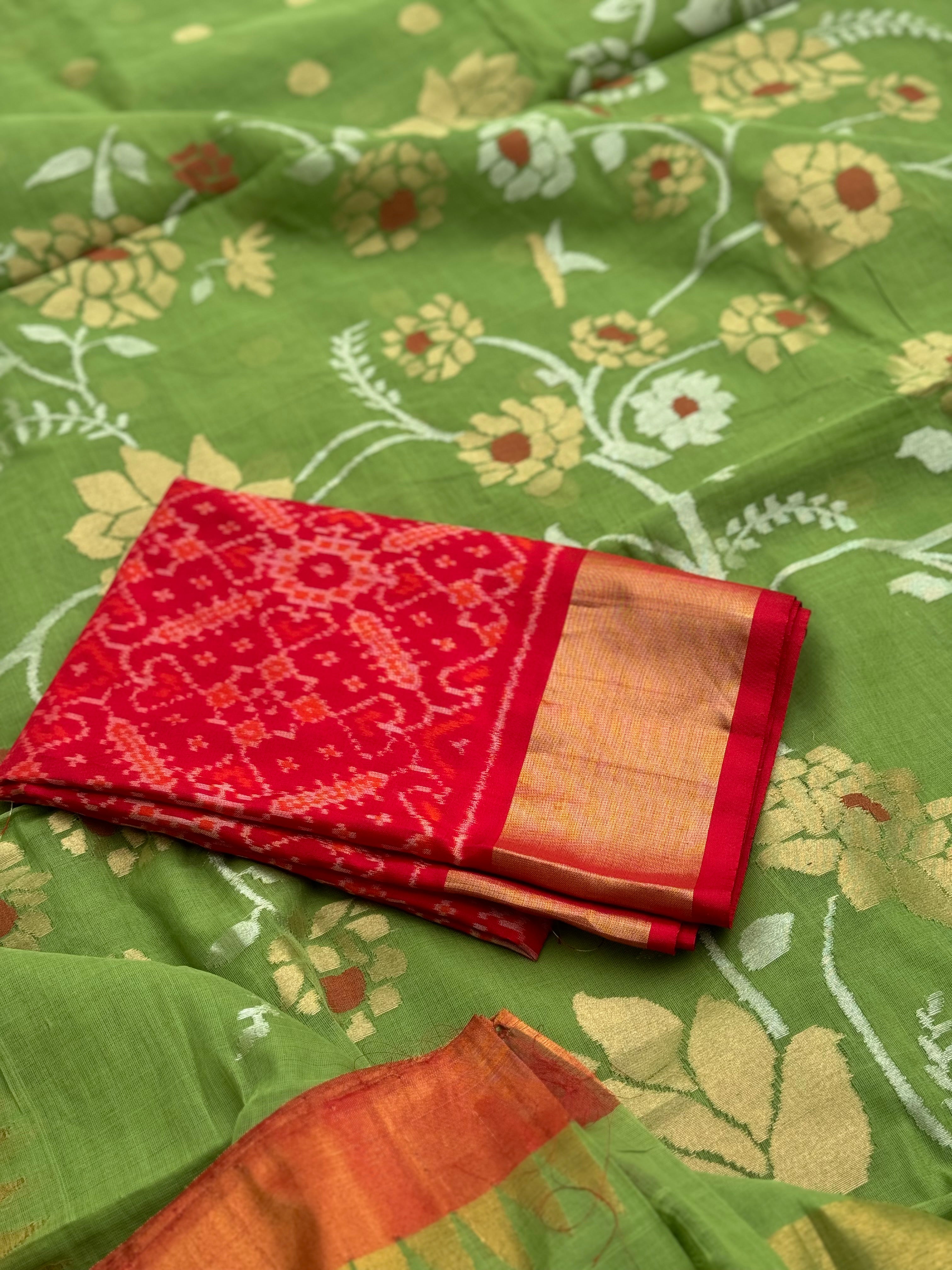 Handspun Ponduru Khadi Jaal Jamdani Saree in fern green