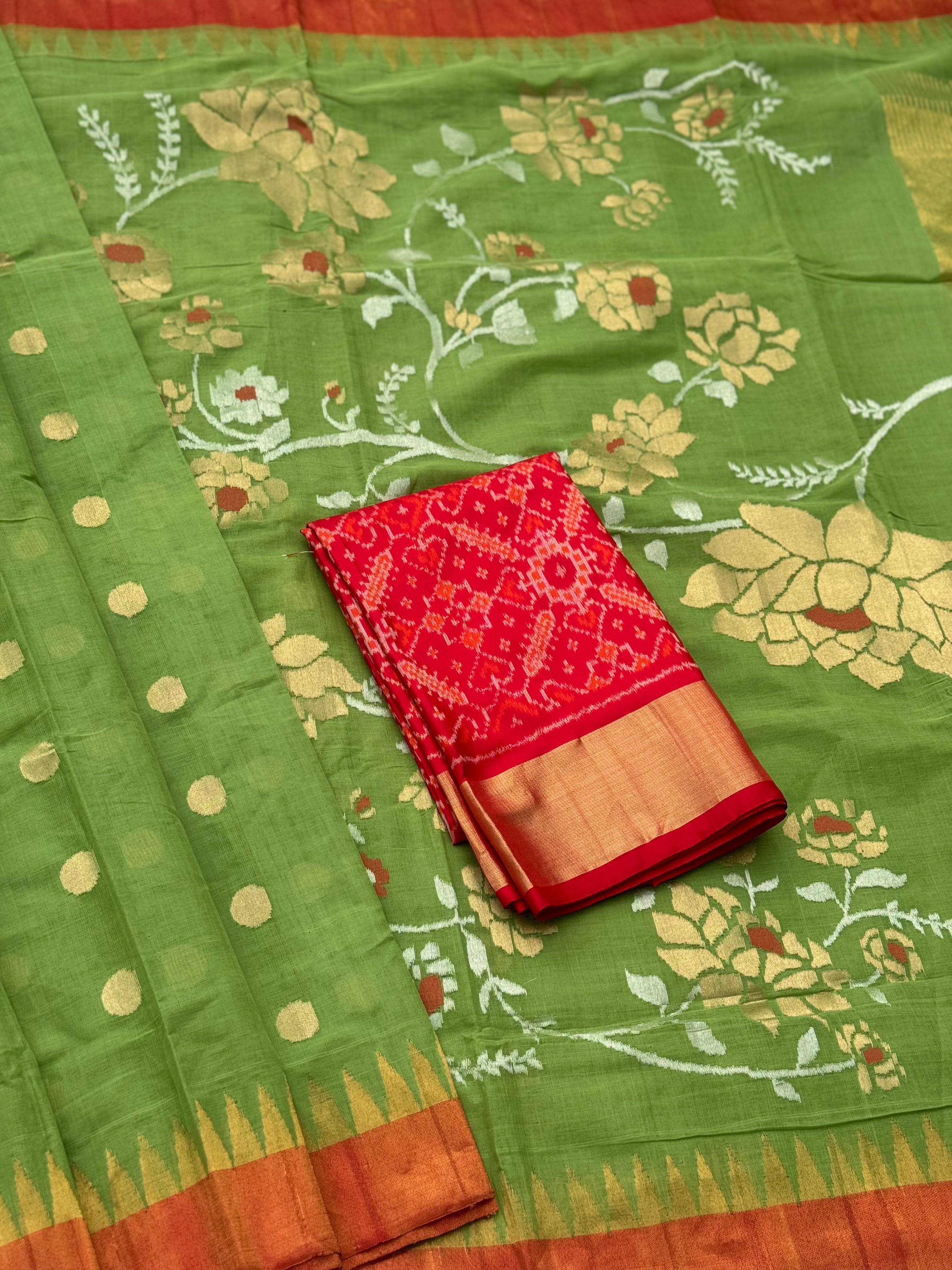 Handspun Ponduru Khadi Jaal Jamdani Saree in fern green