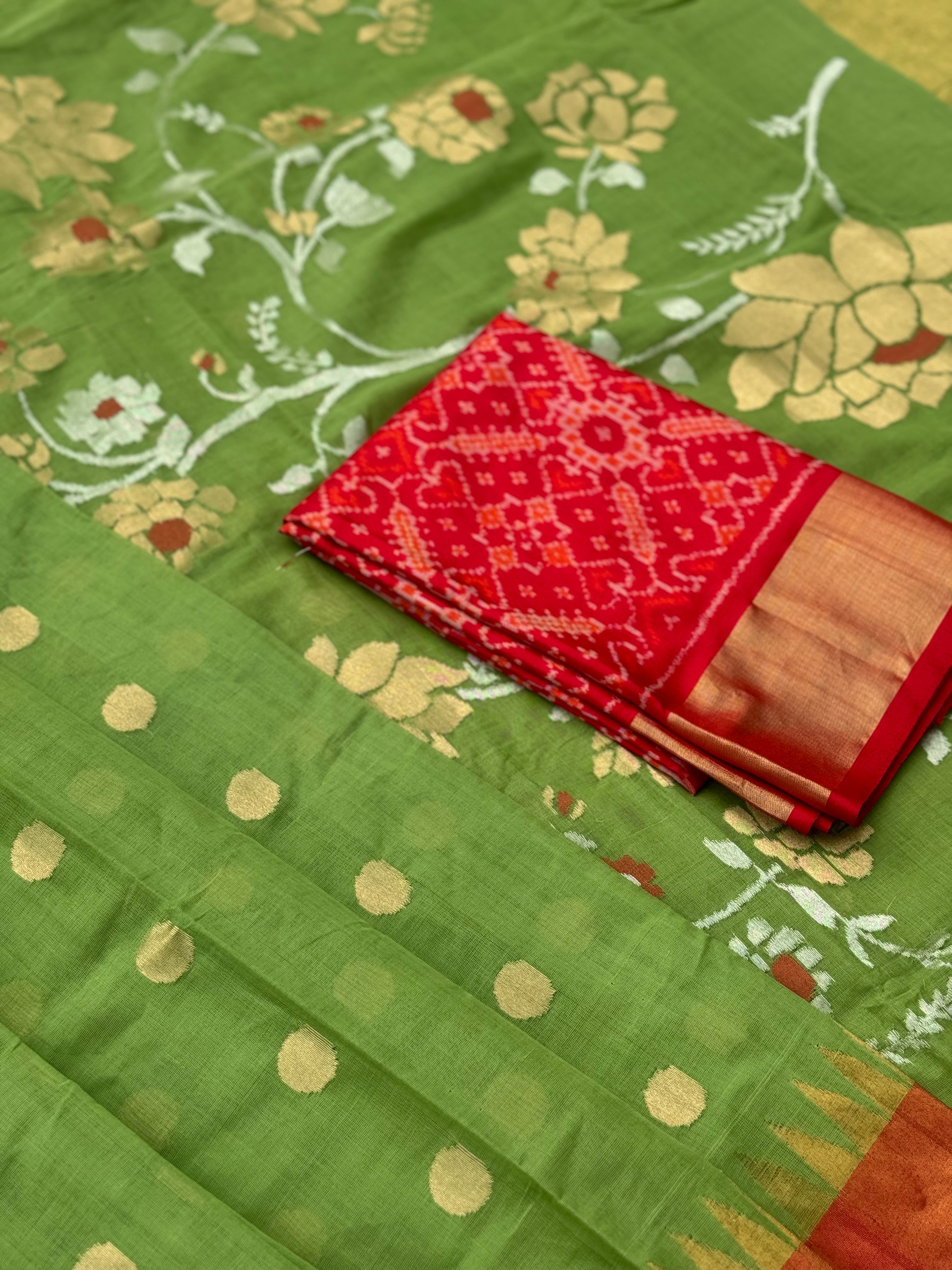 Handspun Ponduru Khadi Jaal Jamdani Saree in fern green