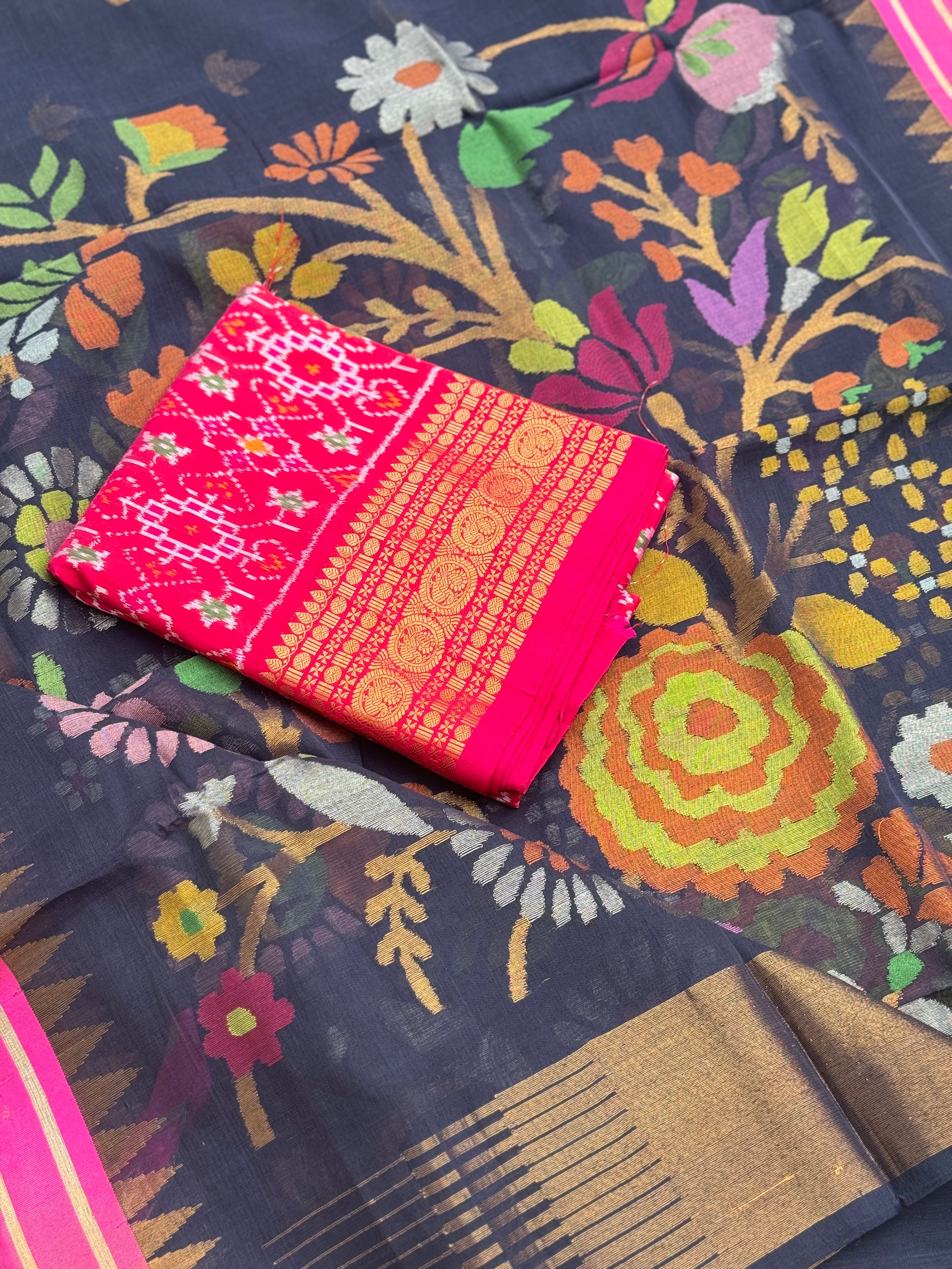 Handspun Ponduru Khadi cotton saree pallu and blouse full jaal jamdani saree