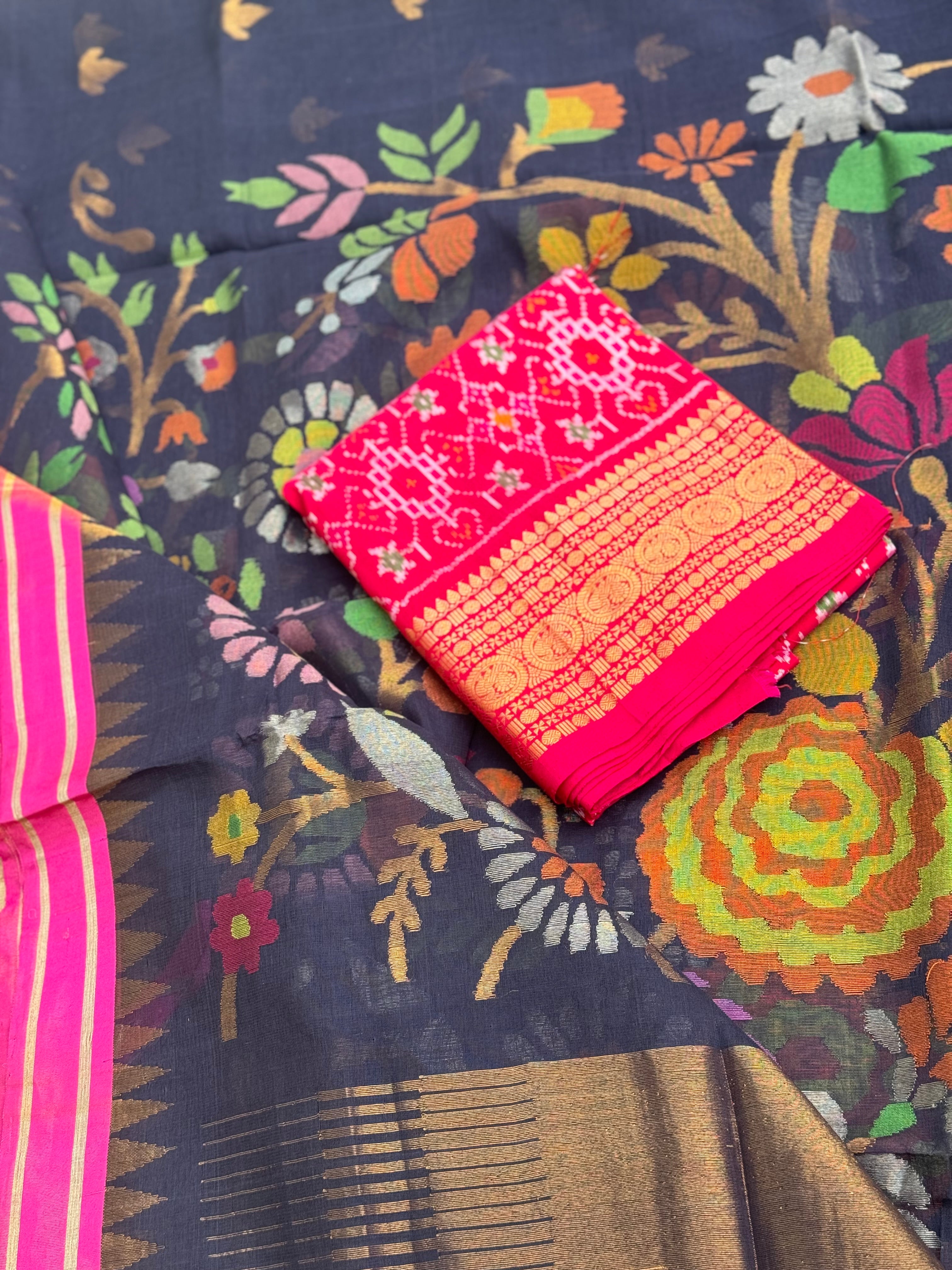 Handspun Ponduru Khadi cotton saree pallu and blouse full jaal jamdani saree