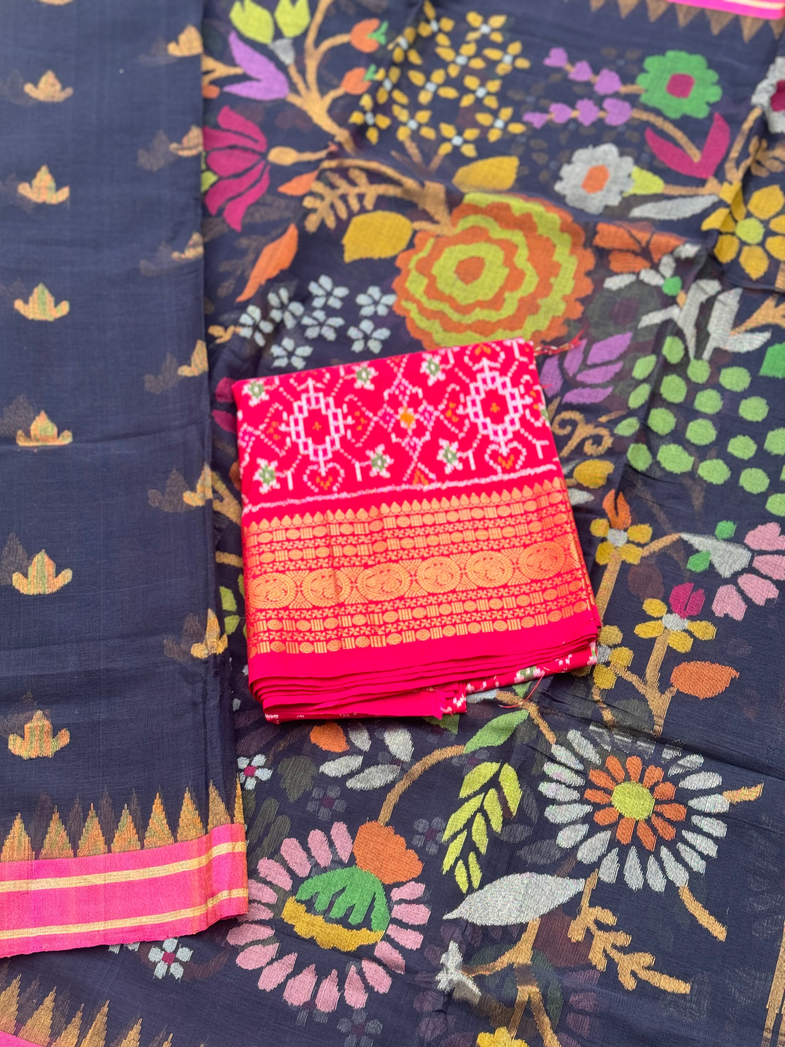 Handspun Ponduru Khadi cotton saree pallu and blouse full jaal jamdani saree