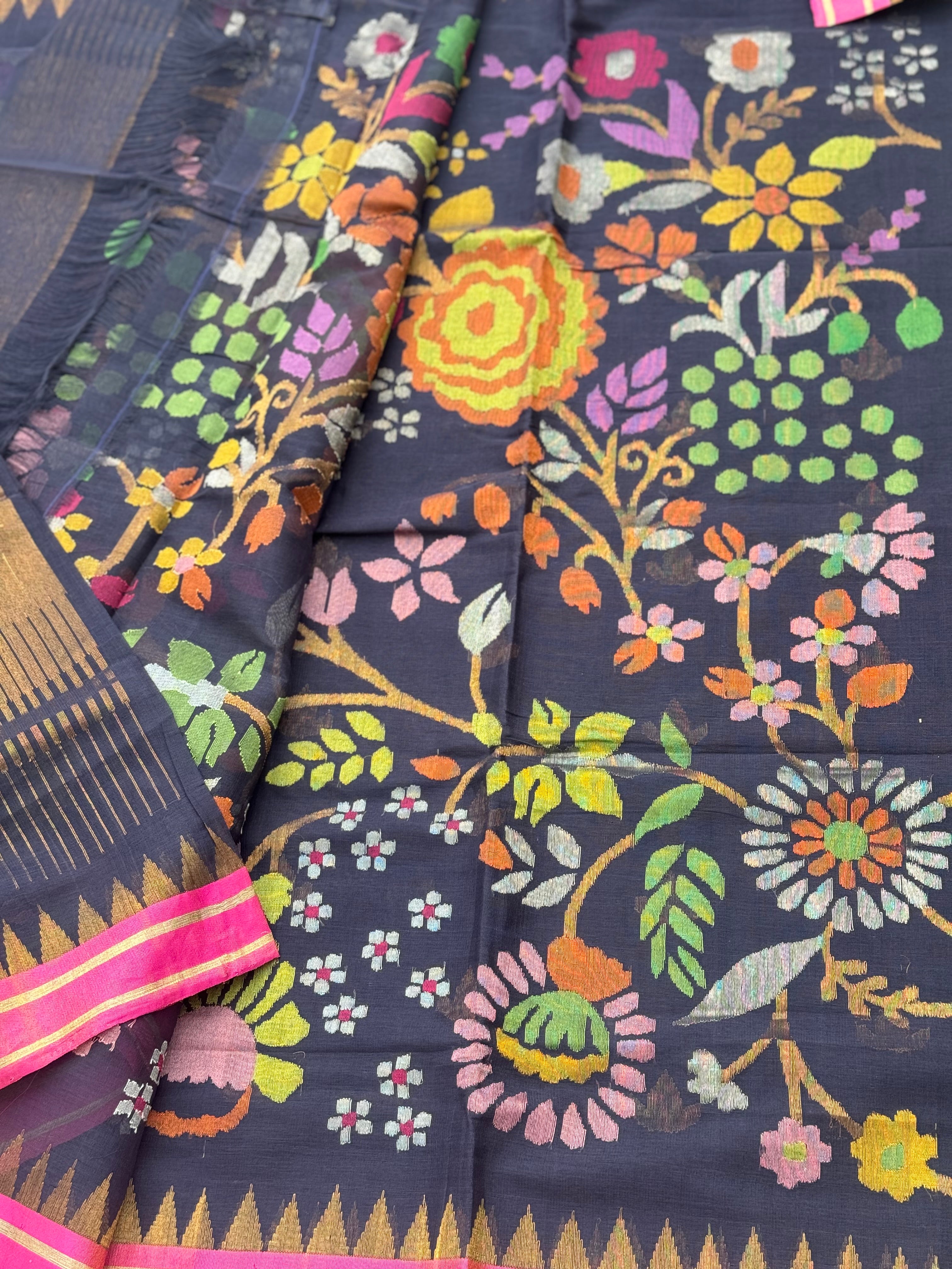 Handspun Ponduru Khadi cotton saree pallu and blouse full jaal jamdani saree