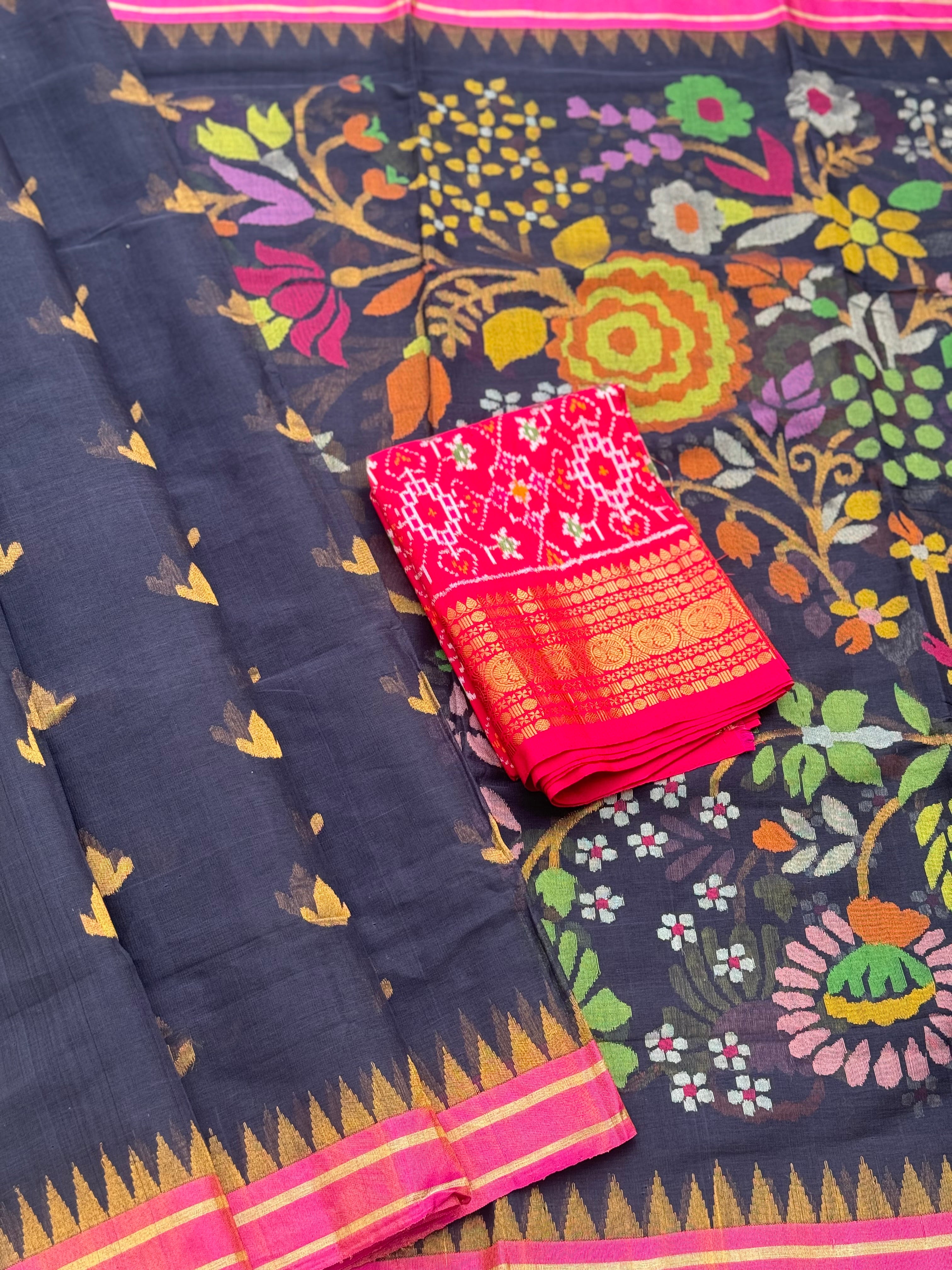 Handspun Ponduru Khadi cotton saree pallu and blouse full jaal jamdani saree
