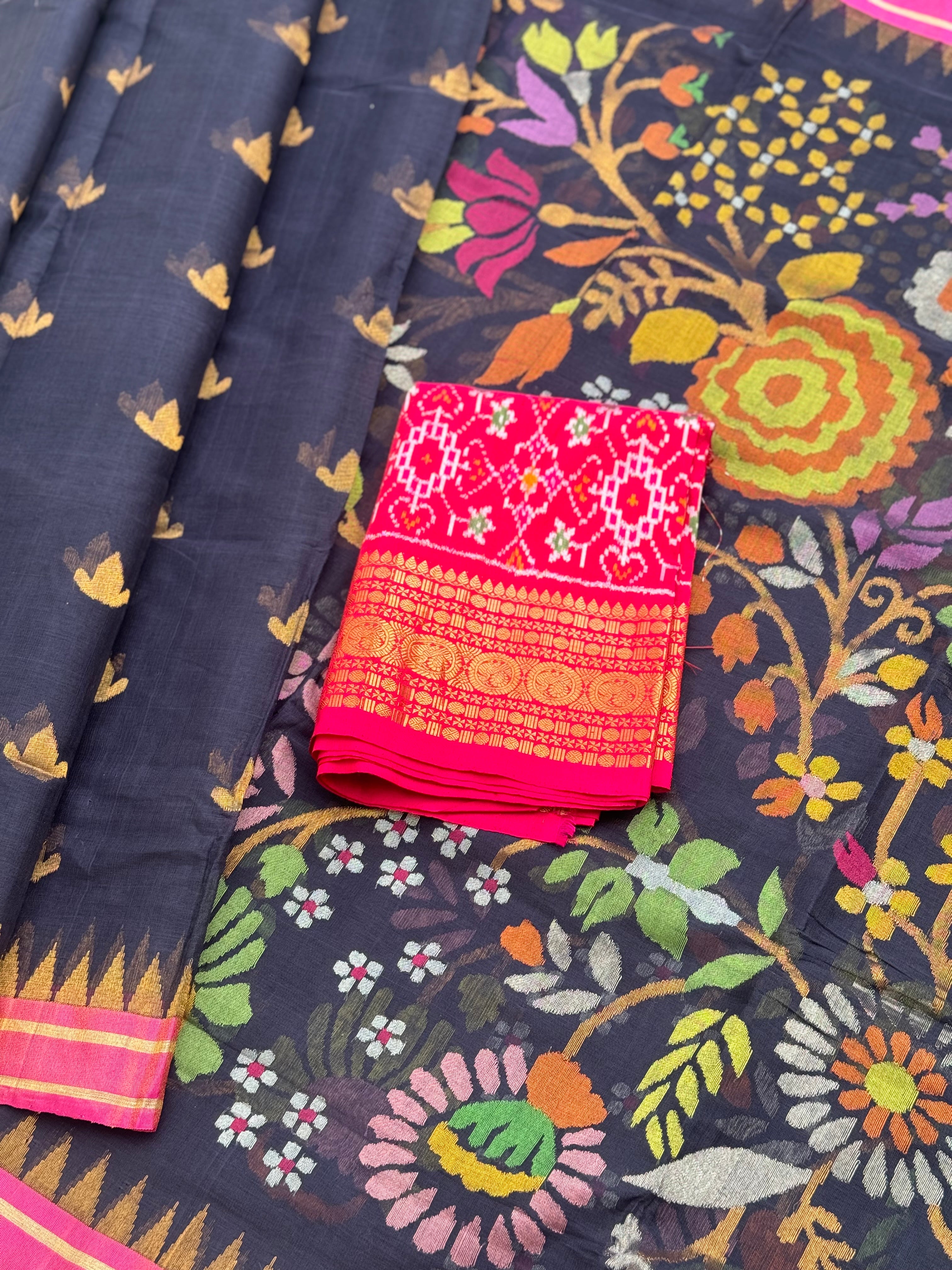 Handspun Ponduru Khadi cotton saree pallu and blouse full jaal jamdani saree