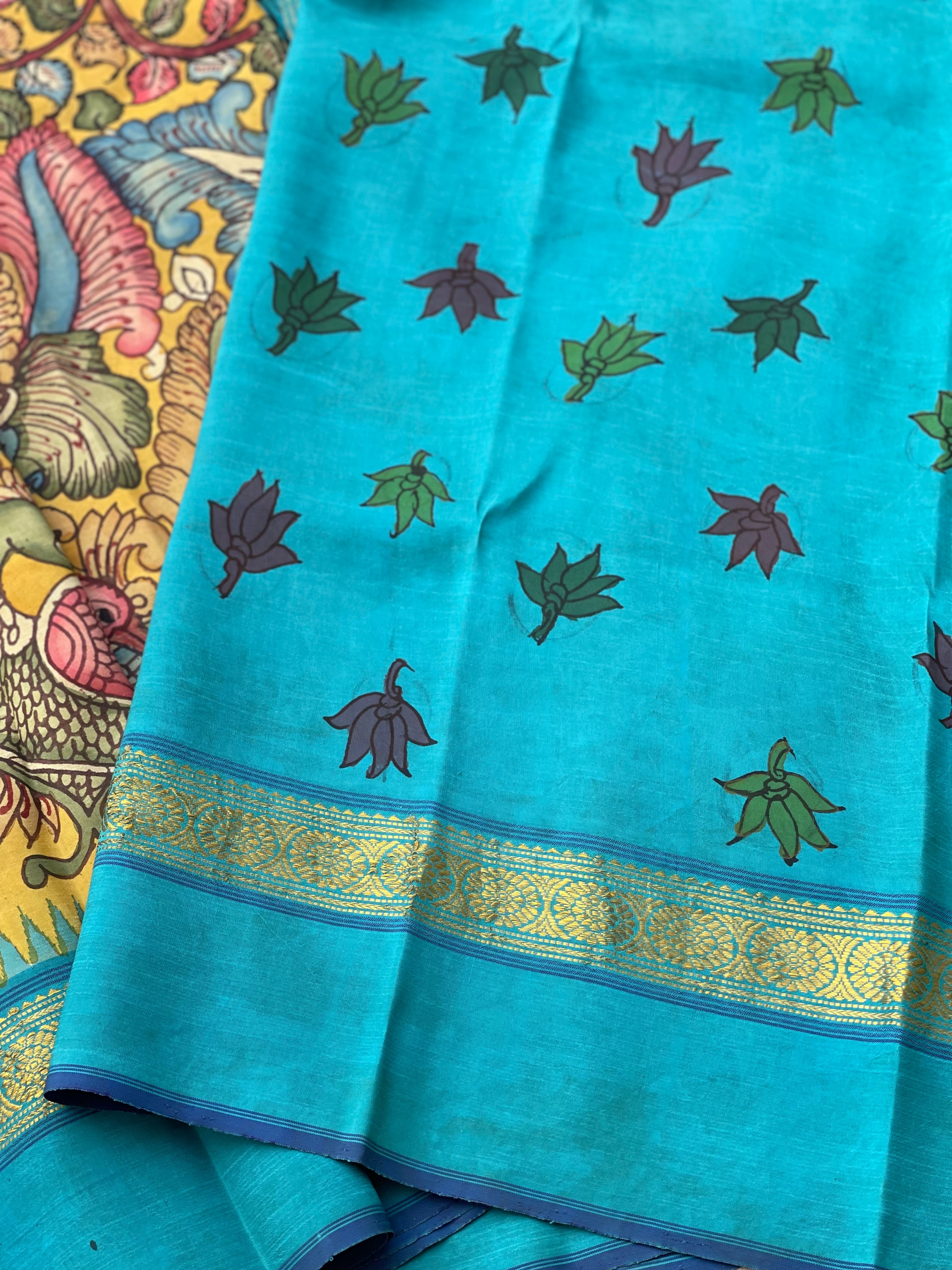 Complete Hand Drawn And Hand Painted Penkalamkari In Kanchivaram Silk Saree