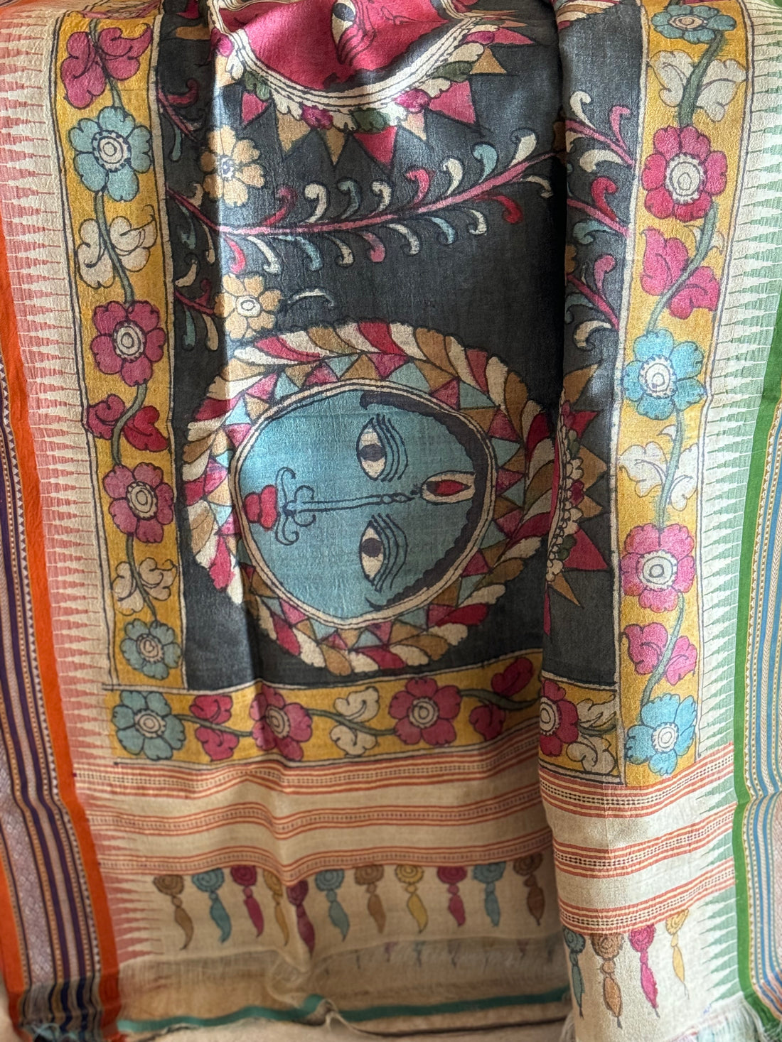 Handdrawn Handpainted Penkalamkari Dupatta on Karvati Kinar Tussar silk