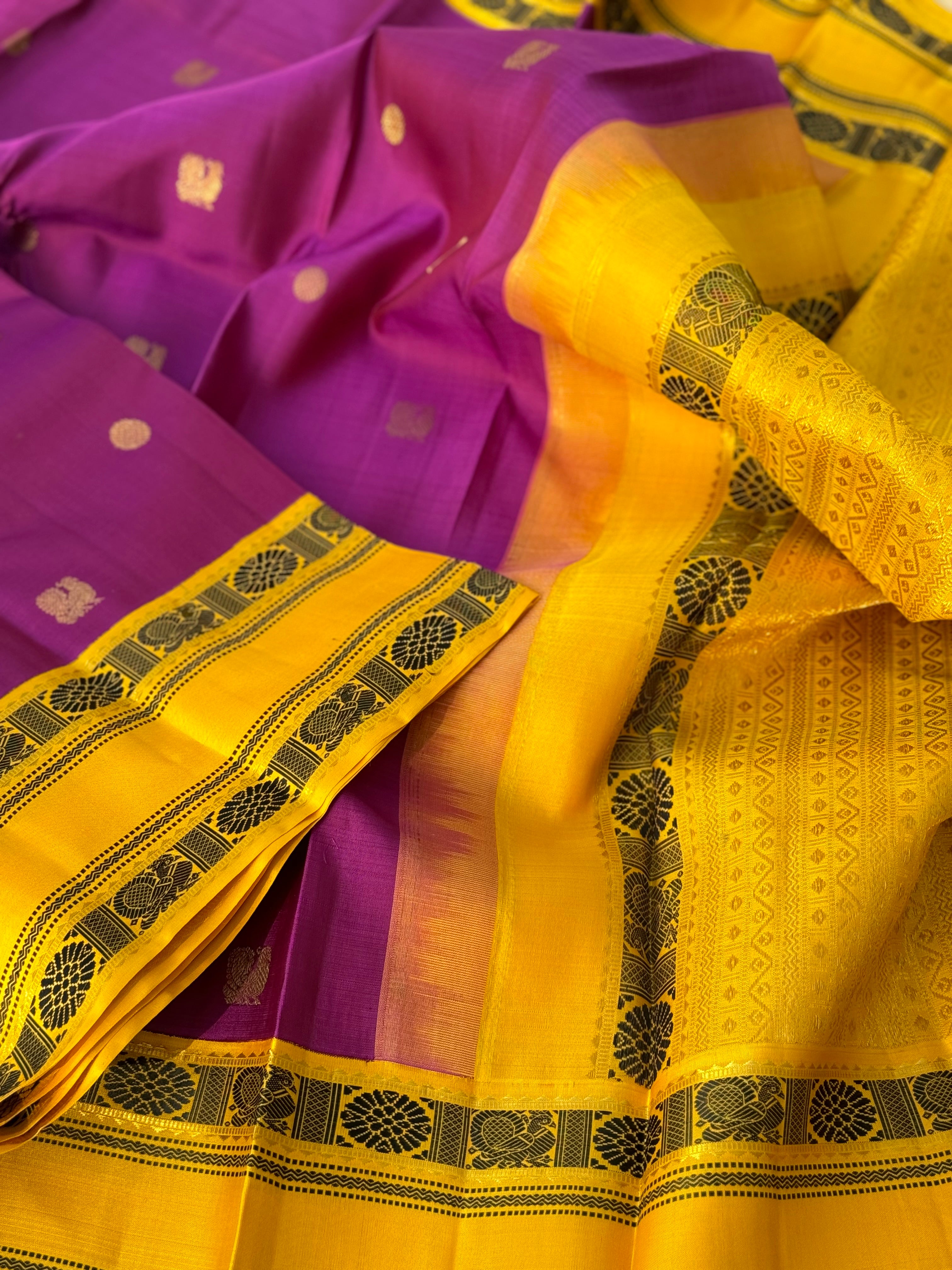 A dark purple shade with yellow no zari / Threadwork Kai korvai kanchivaram silk saree