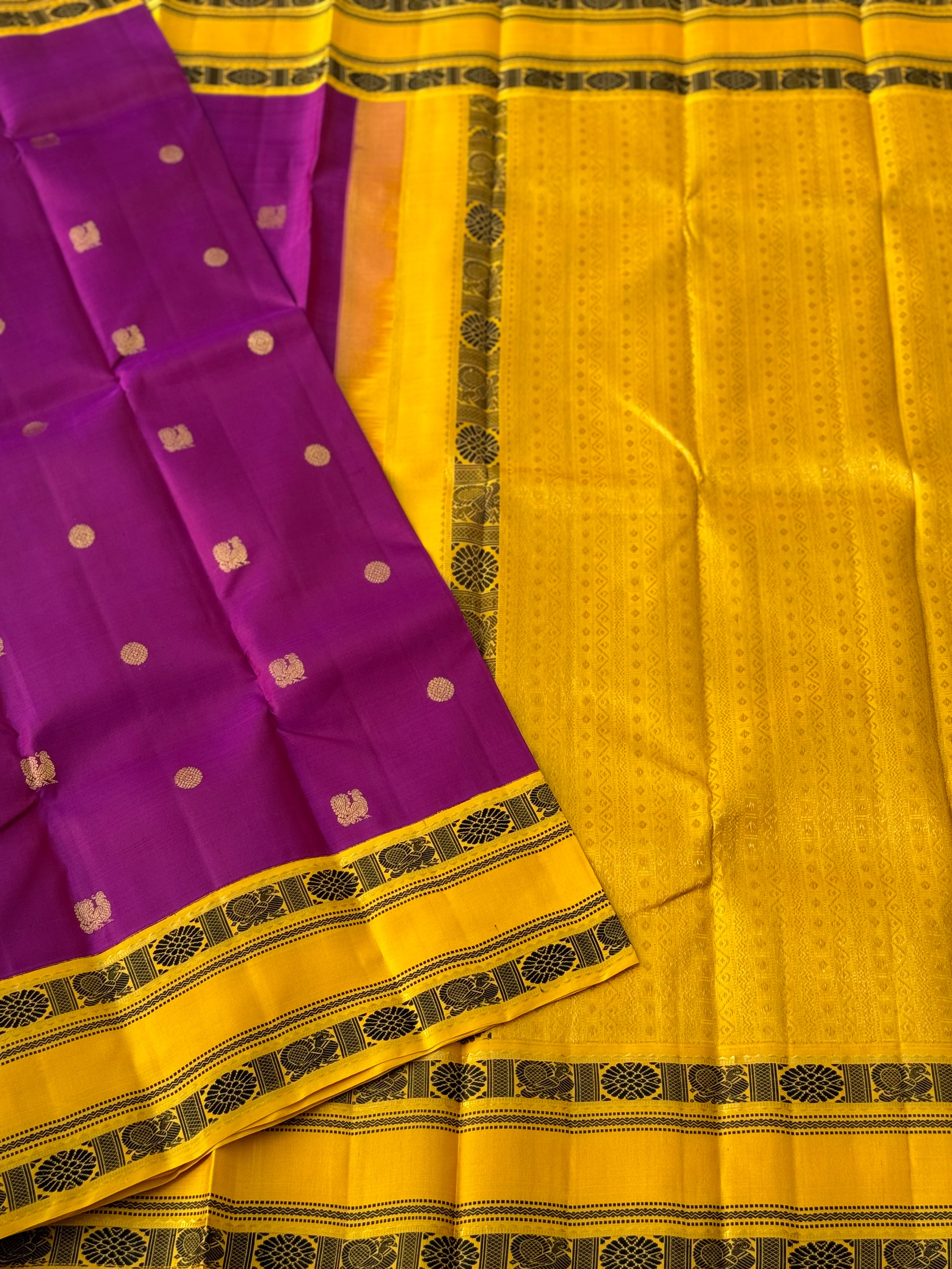 A dark purple shade with yellow no zari / Threadwork Kai korvai kanchivaram silk saree