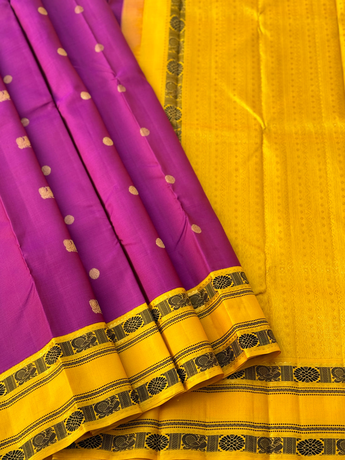 A dark purple shade with yellow no zari / Threadwork Kai korvai kanchivaram silk saree