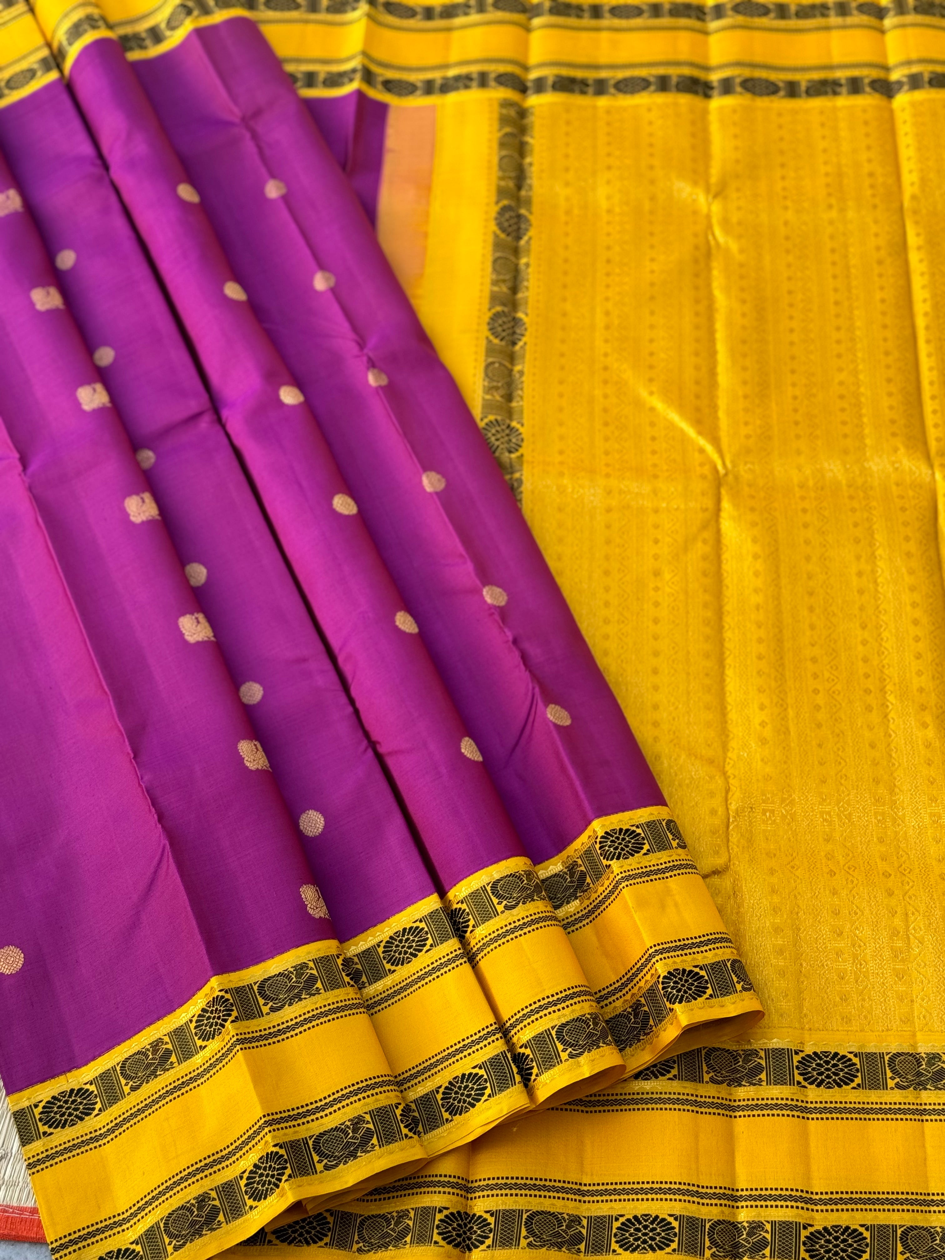 A dark purple shade with yellow no zari / Threadwork Kai korvai kanchivaram silk saree