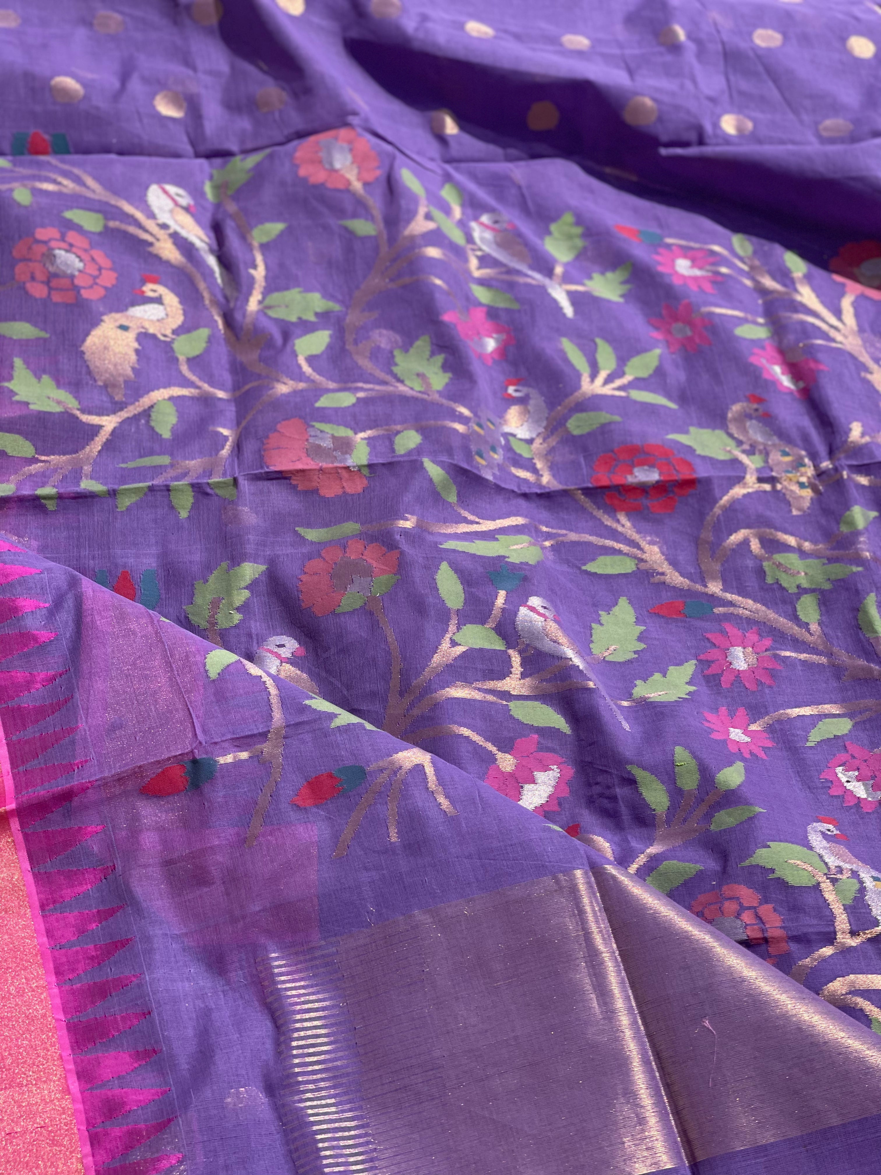 Handspun Ponduru Khadi Jaal Jamdani Saree in Lavender shade