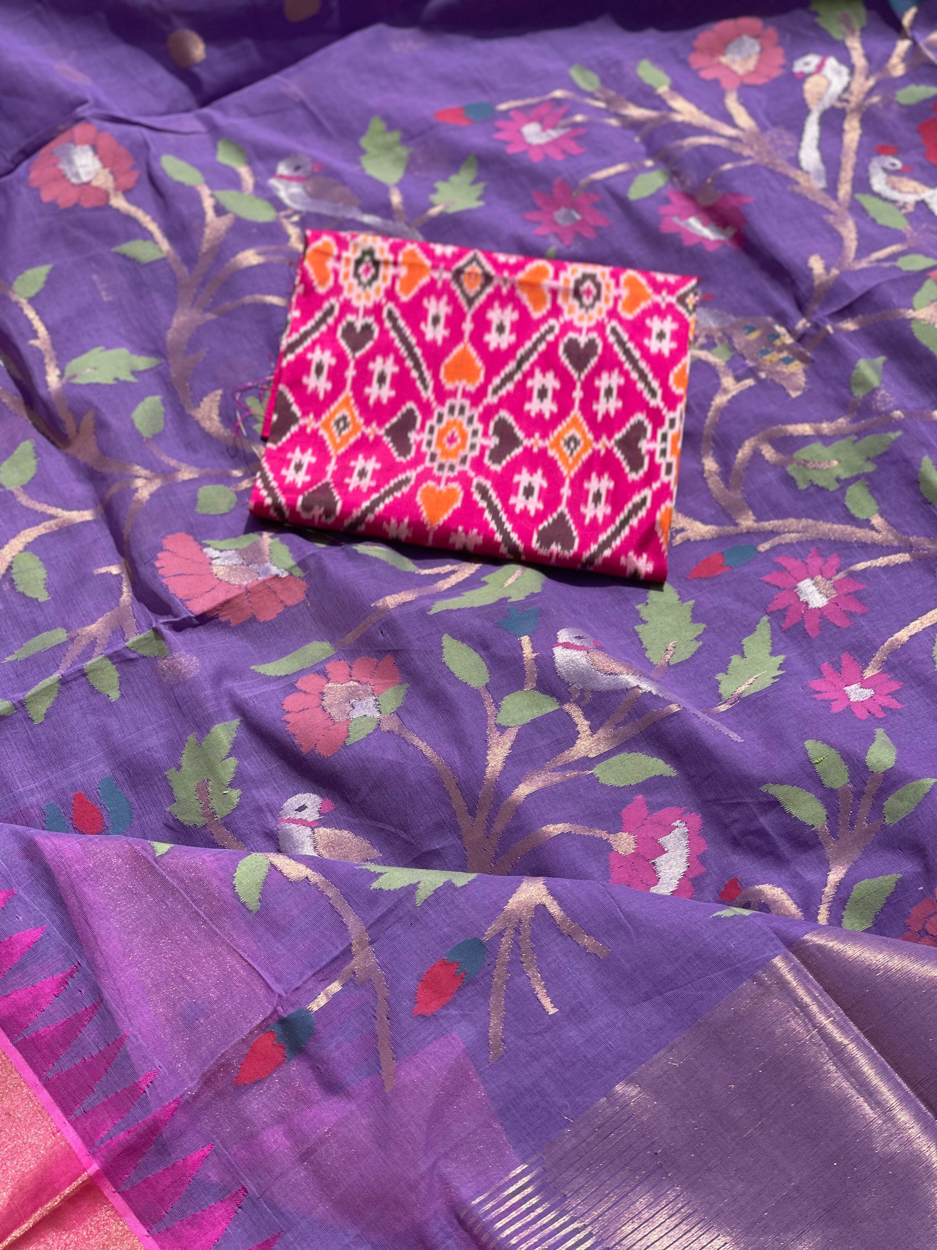 Handspun Ponduru Khadi Jaal Jamdani Saree in Lavender shade