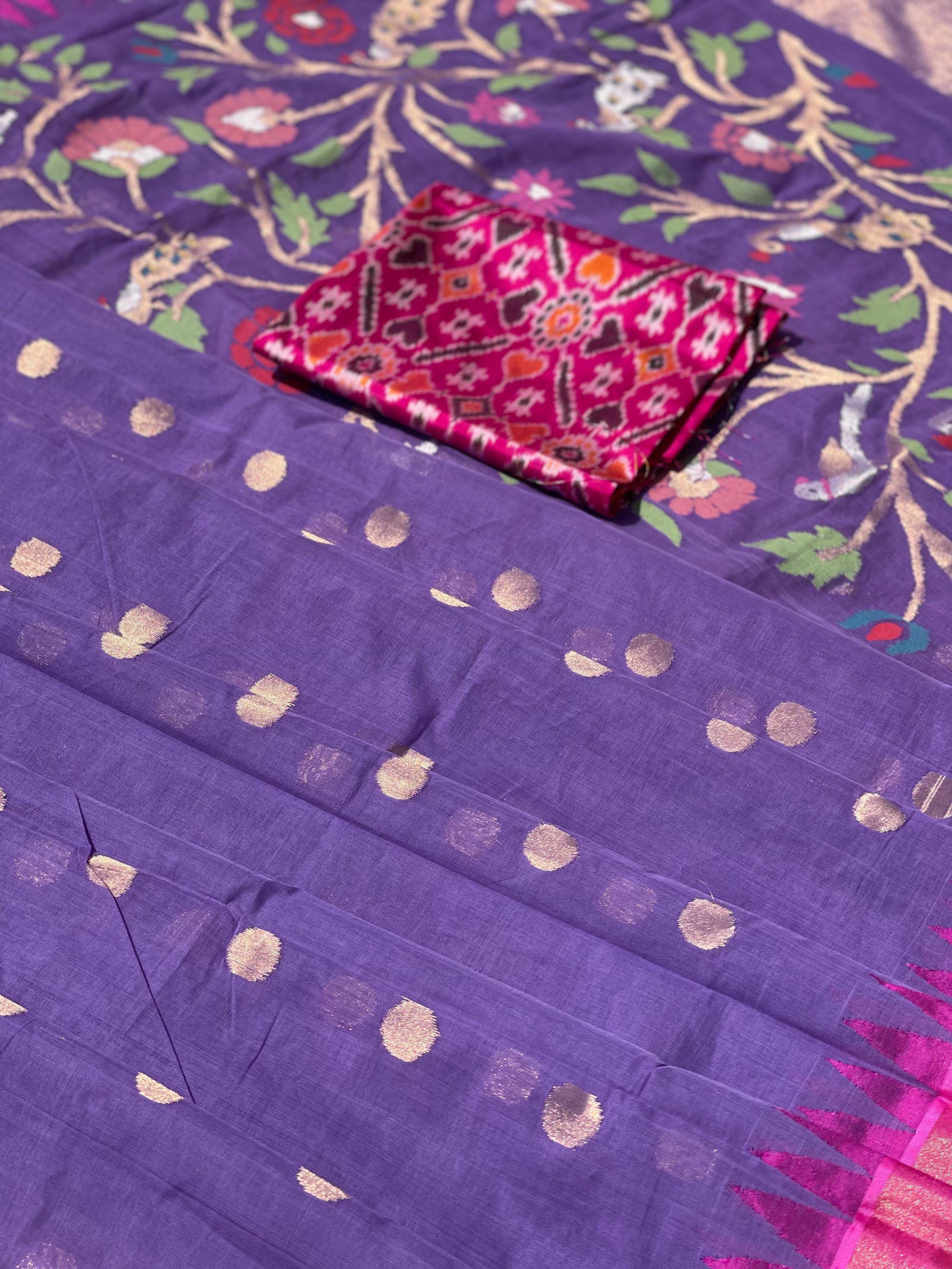 Handspun Ponduru Khadi Jaal Jamdani Saree in Lavender shade