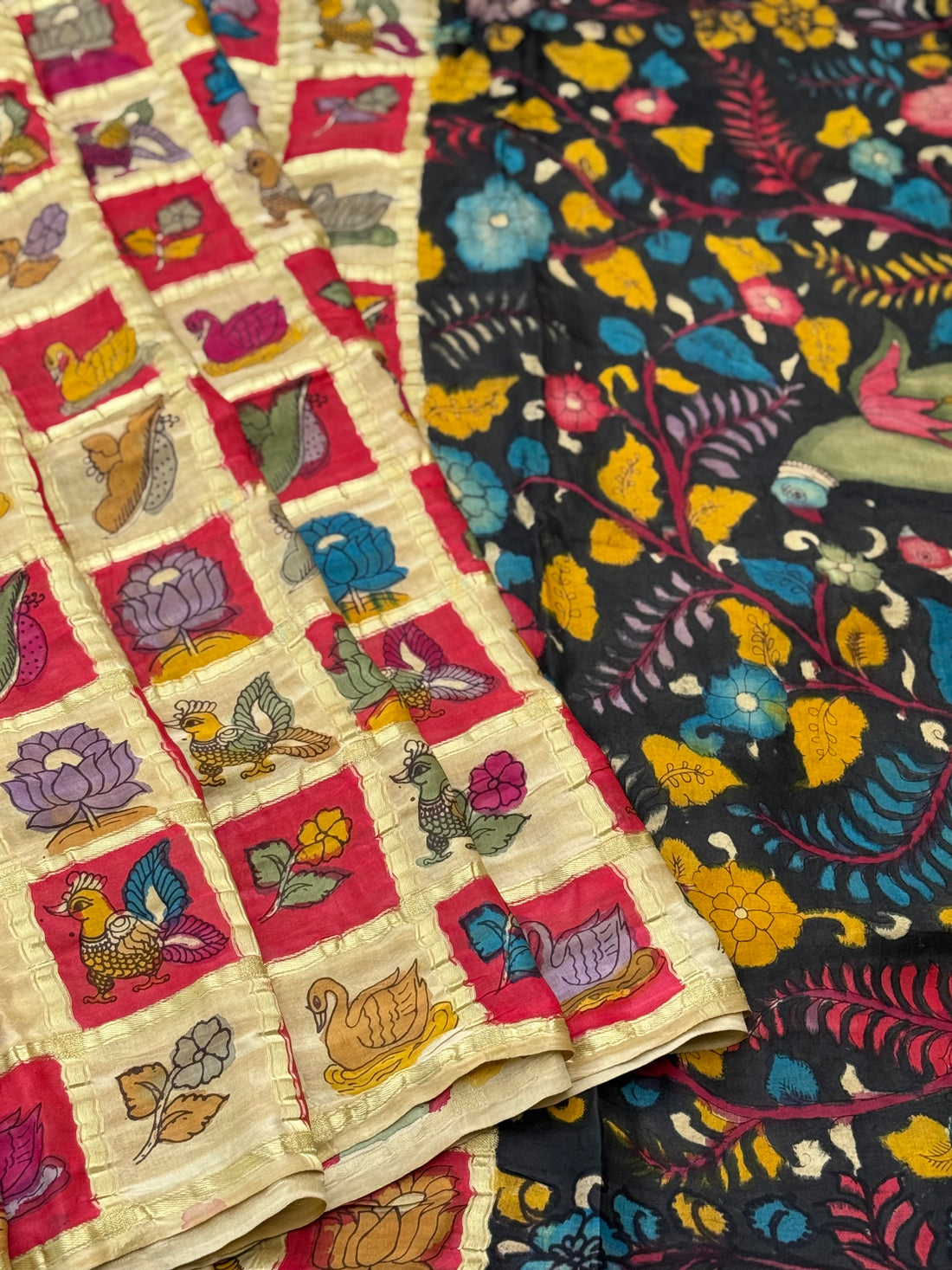 The exquisite Gharchola gajji silk pure handwoven adorned with flora fauna Handdrawn handpainted penkalamkari