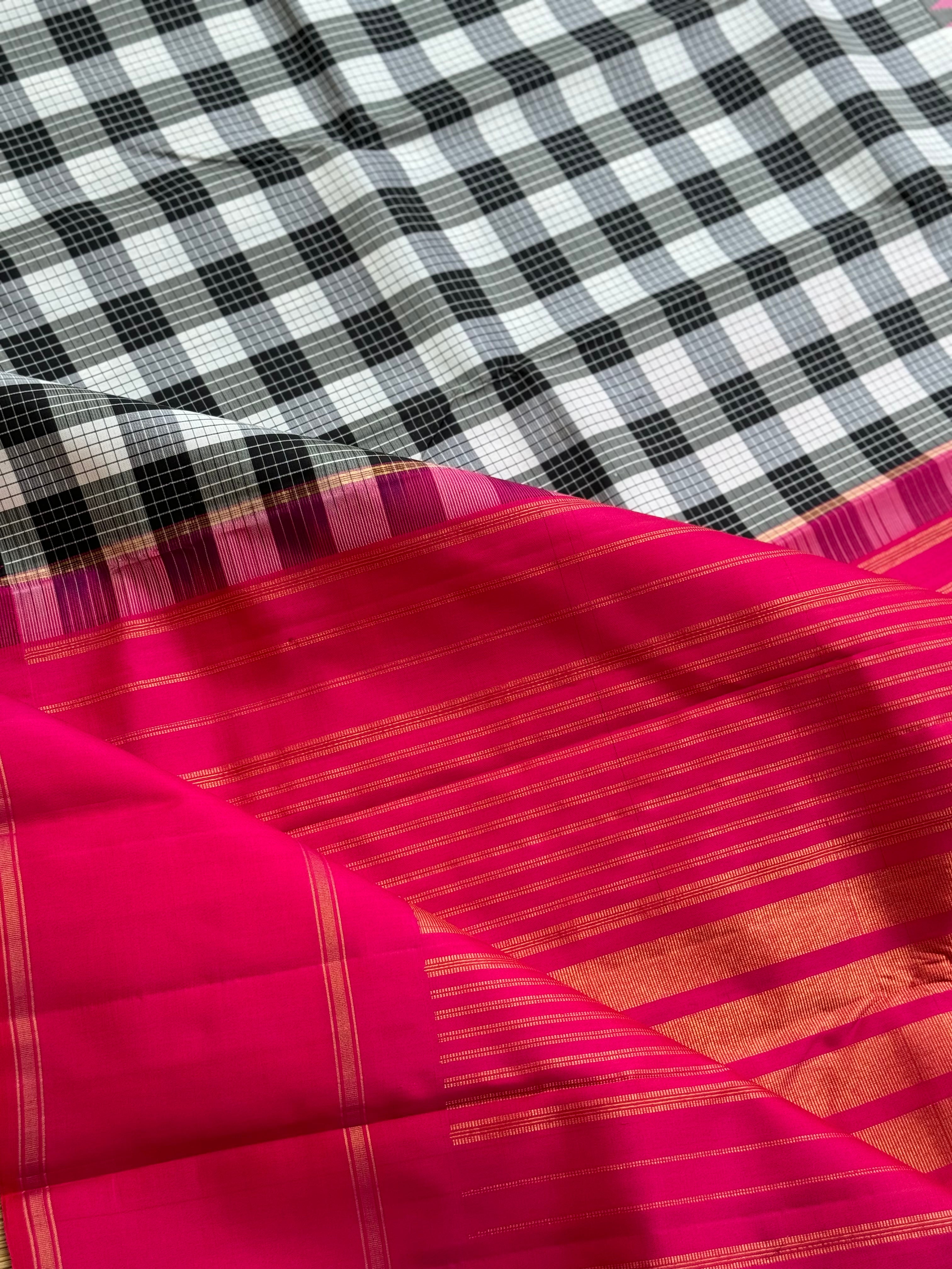A stunner handwoven no zari burberry or lungi checks Korvai kanchivaram silk saree