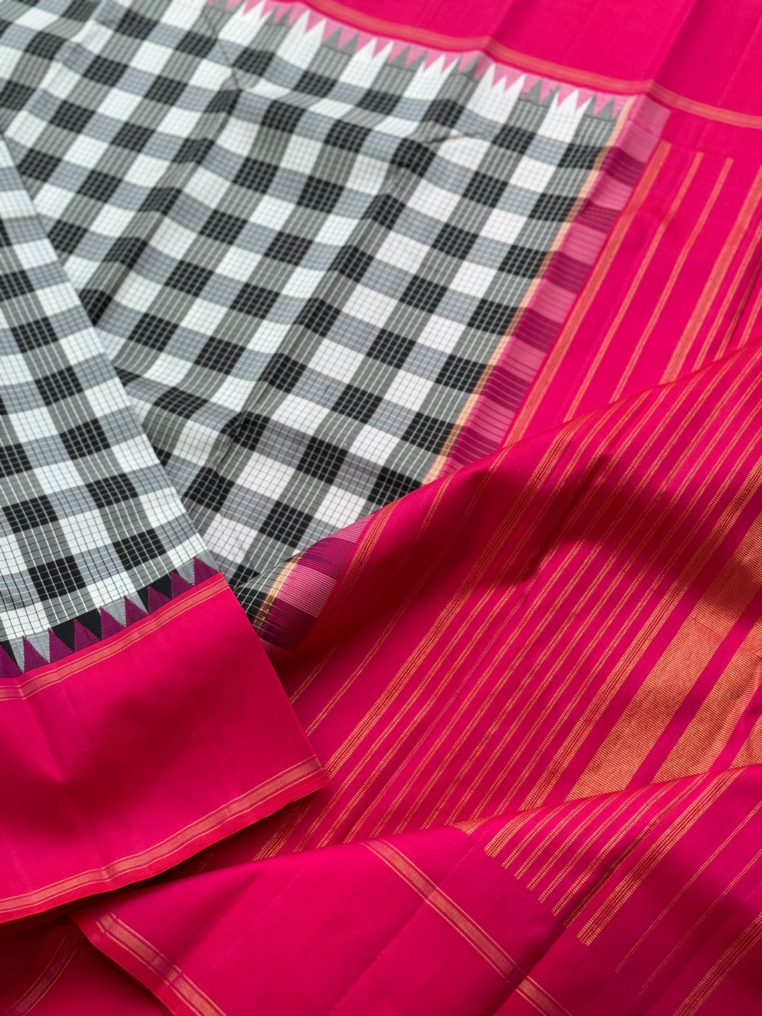 A stunner handwoven no zari burberry or lungi checks Korvai kanchivaram silk saree