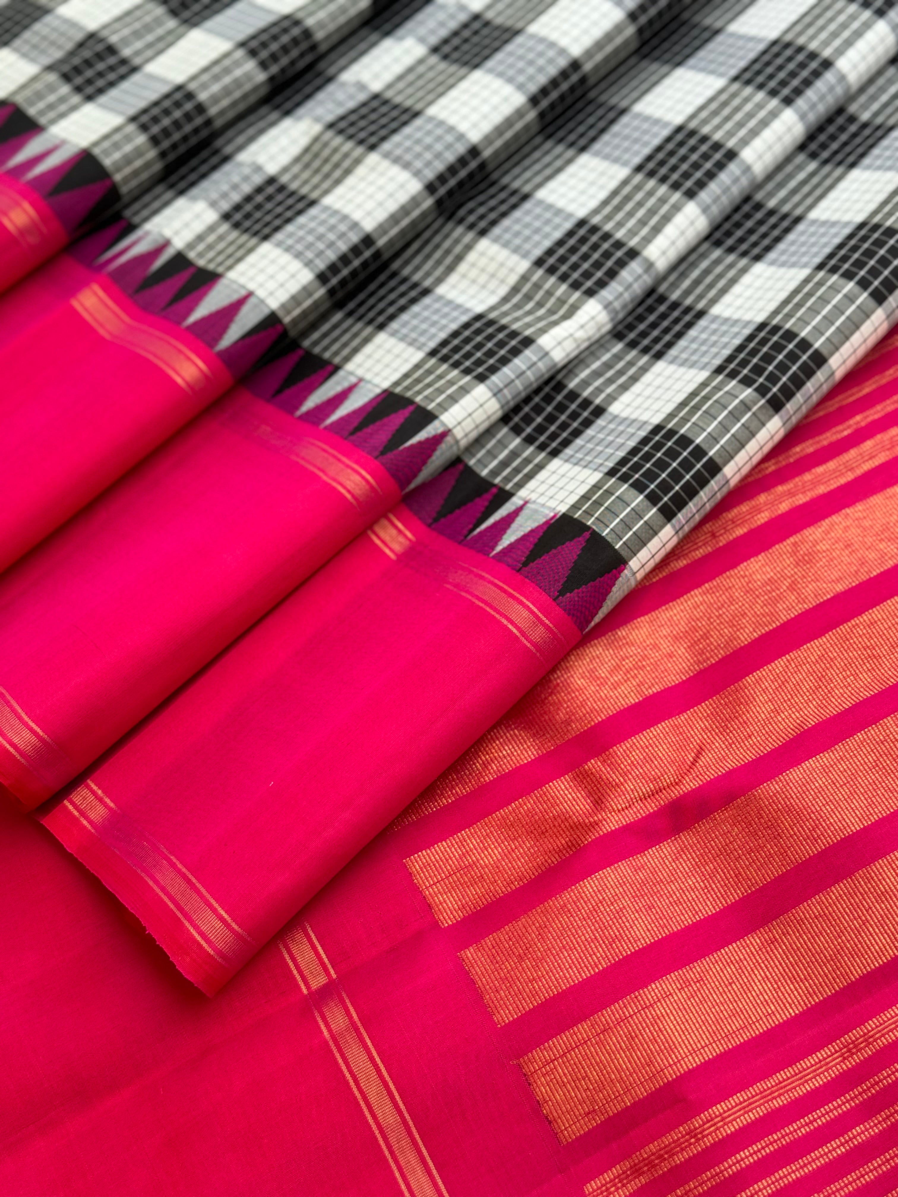 A stunner handwoven no zari burberry or lungi checks Korvai kanchivaram silk saree