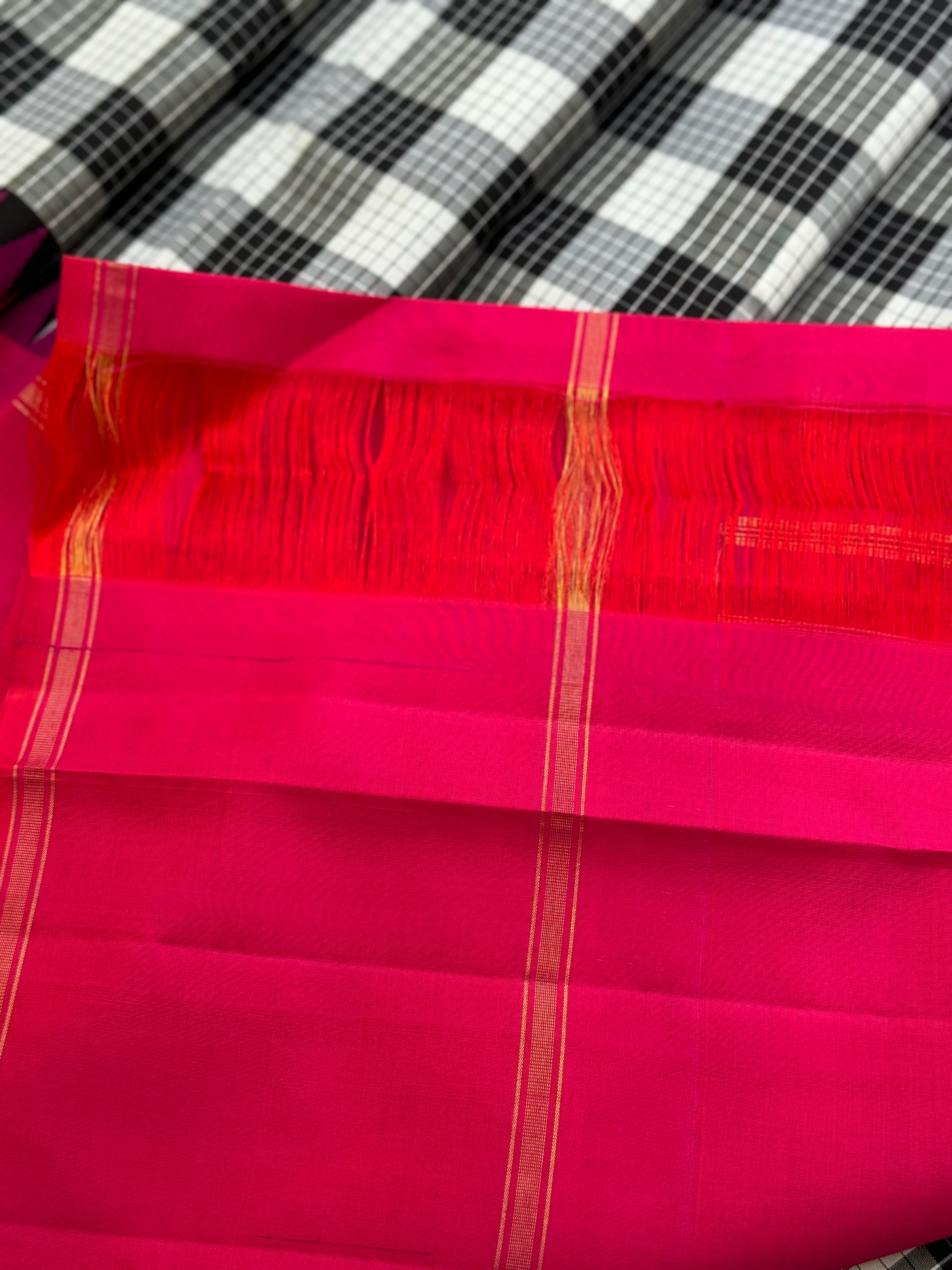 A stunner handwoven no zari burberry or lungi checks Korvai kanchivaram silk saree