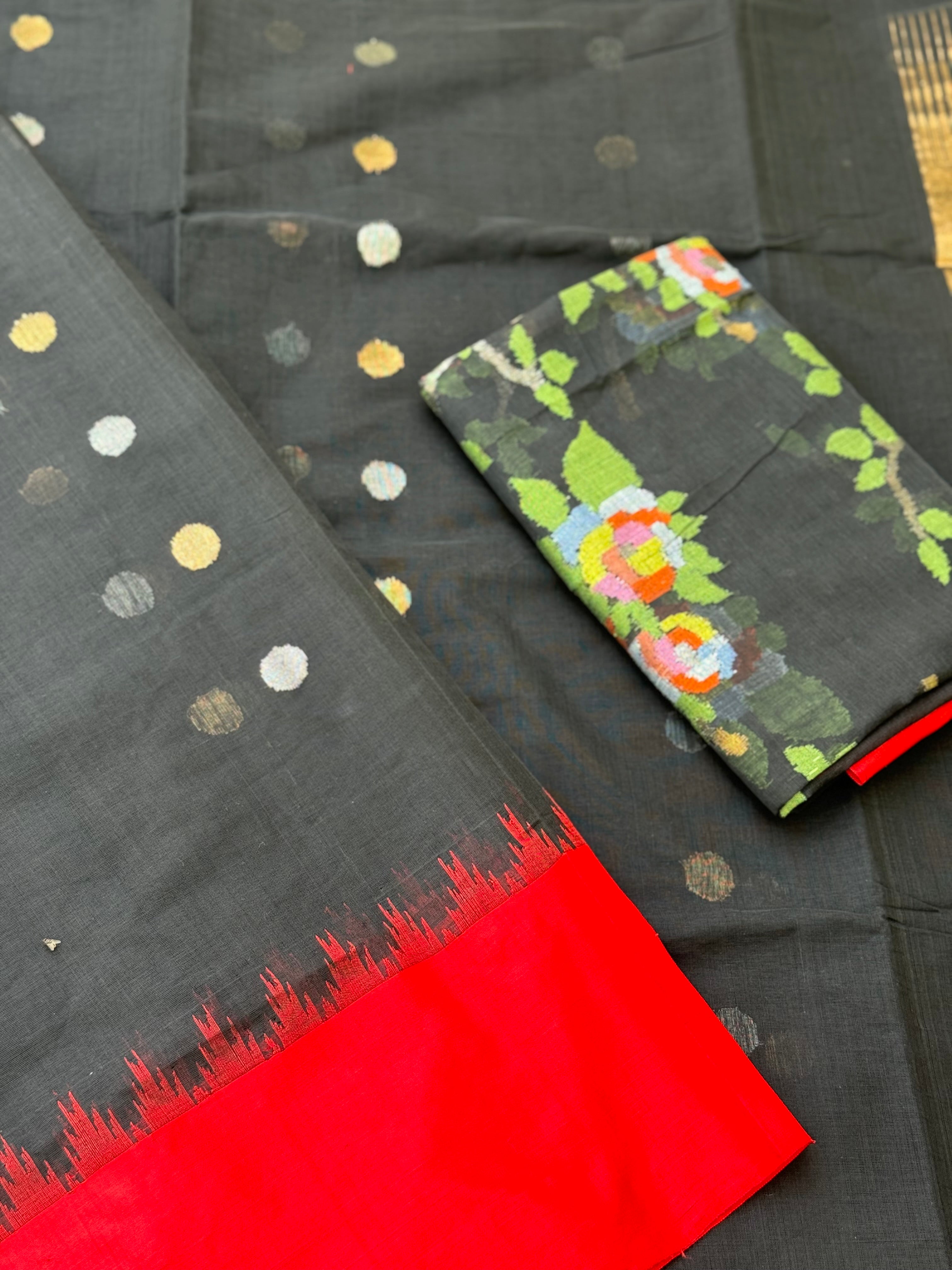 Ponduru Khadhi black red saree with all over jaal weave on blouse