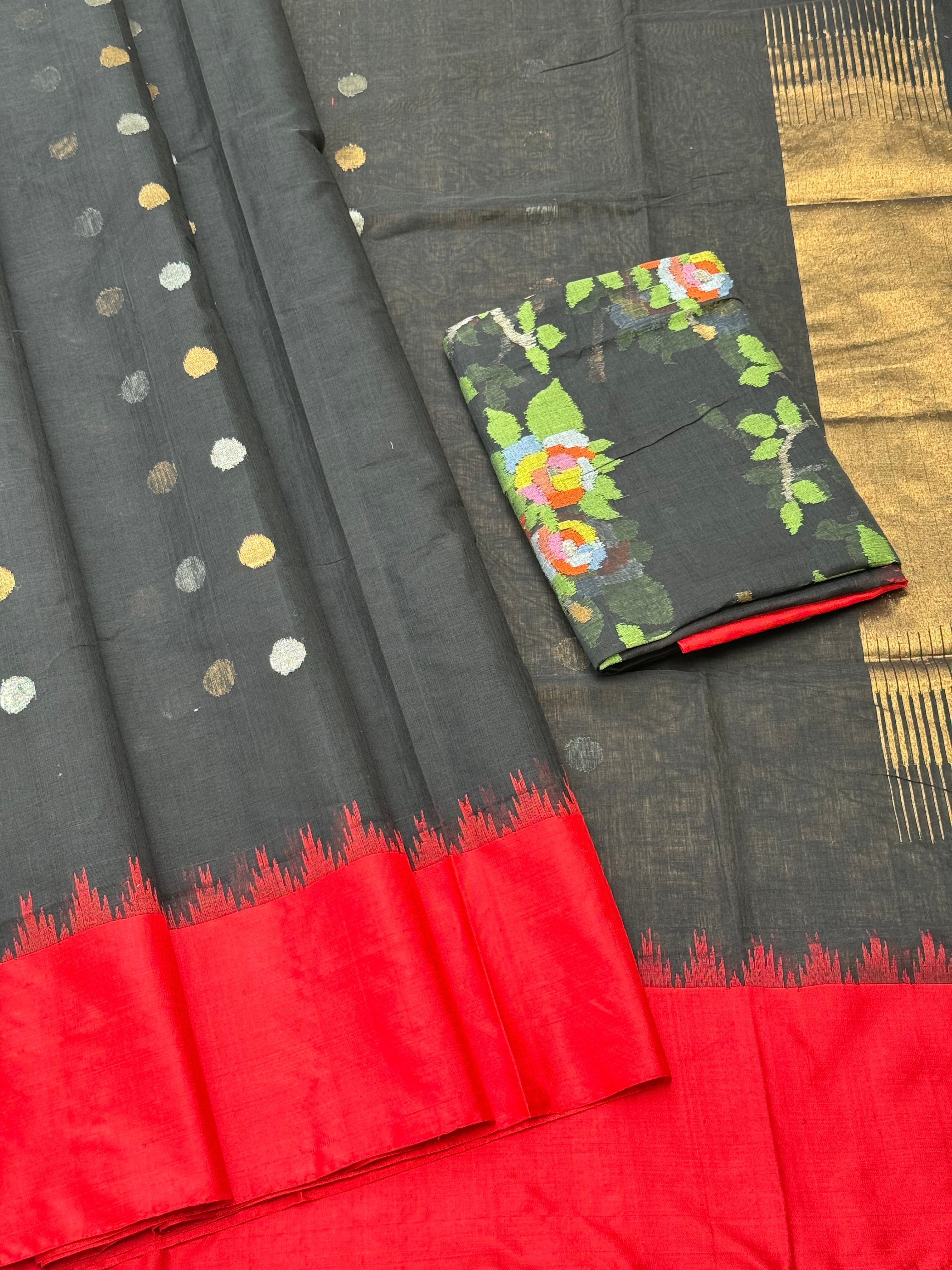 Ponduru Khadhi black red saree with all over jaal weave on blouse