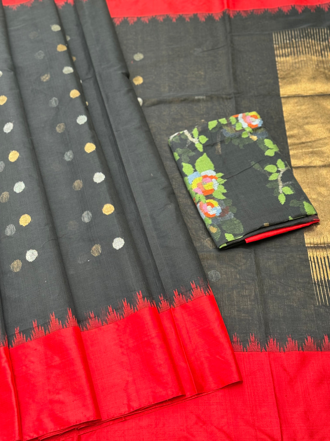 Ponduru Khadhi black red saree with all over jaal weave on blouse