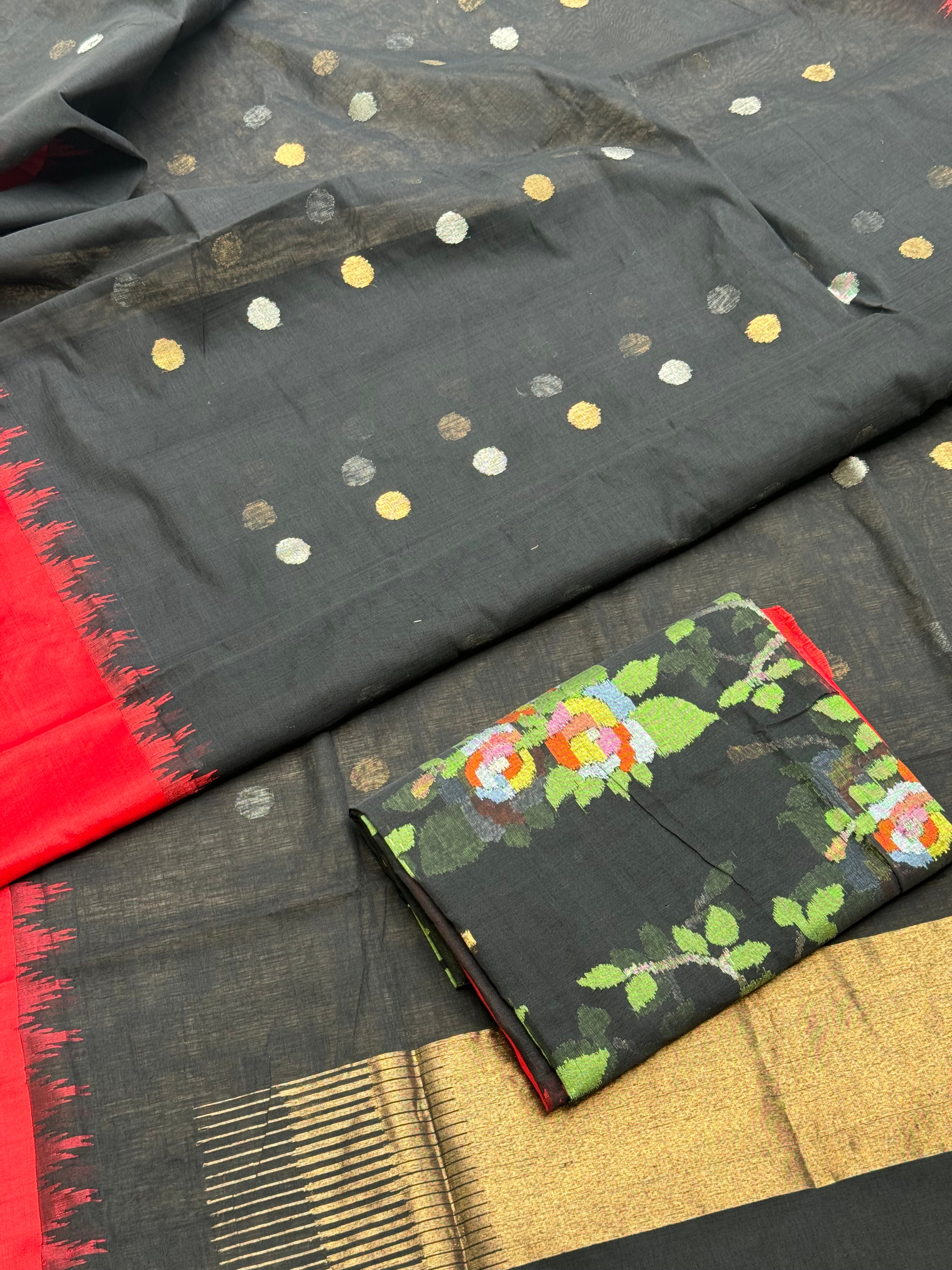 Ponduru Khadhi black red saree with all over jaal weave on blouse