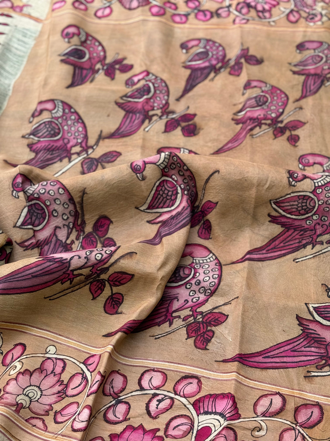 An elegant Handdrawn handpainted penkalamkari on Korvai kanchivaram silk saree withborder penkalamkari