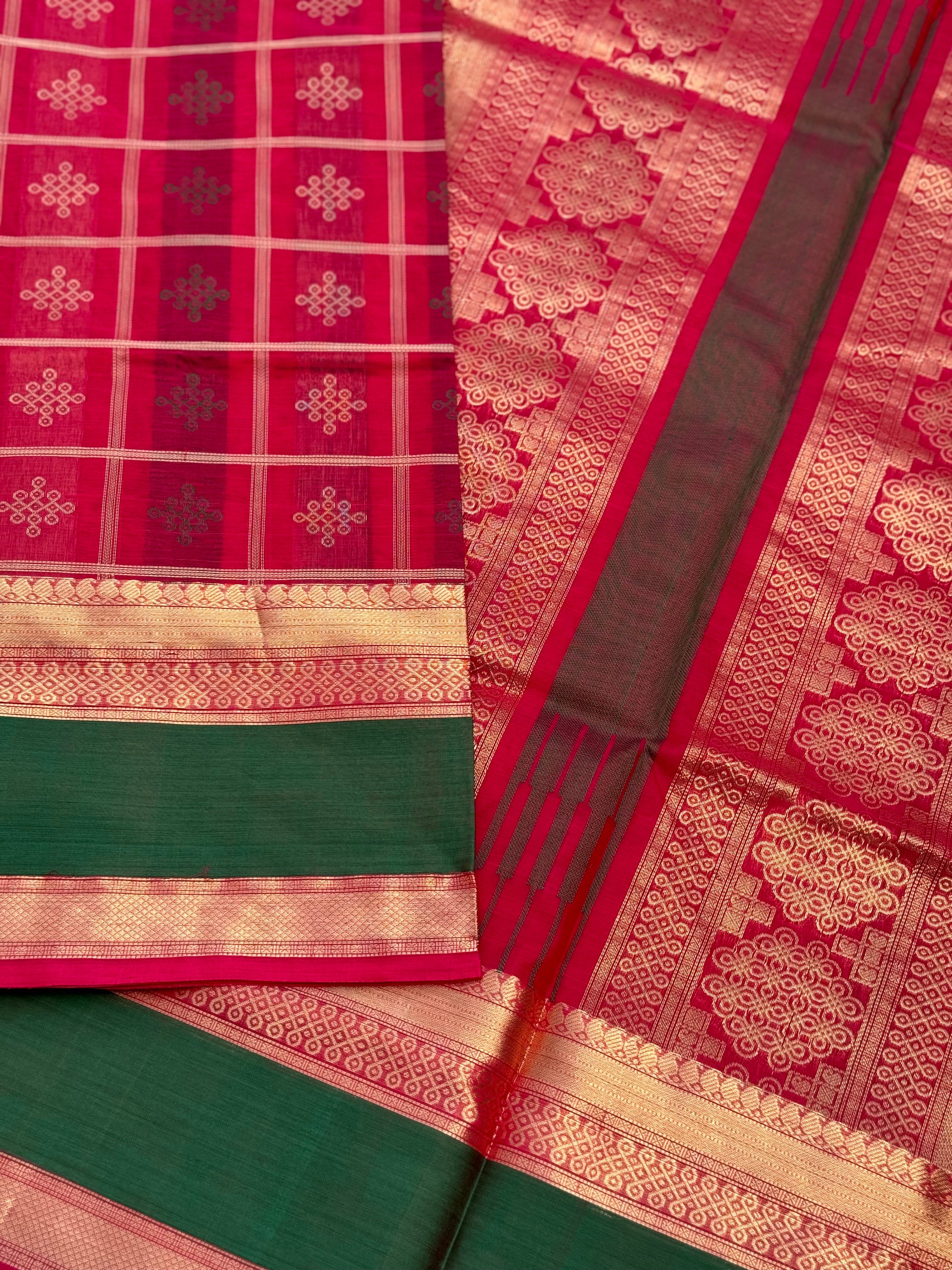 A gorgeous raspberry pink shade handwoven kolam buttas silk cotton saree