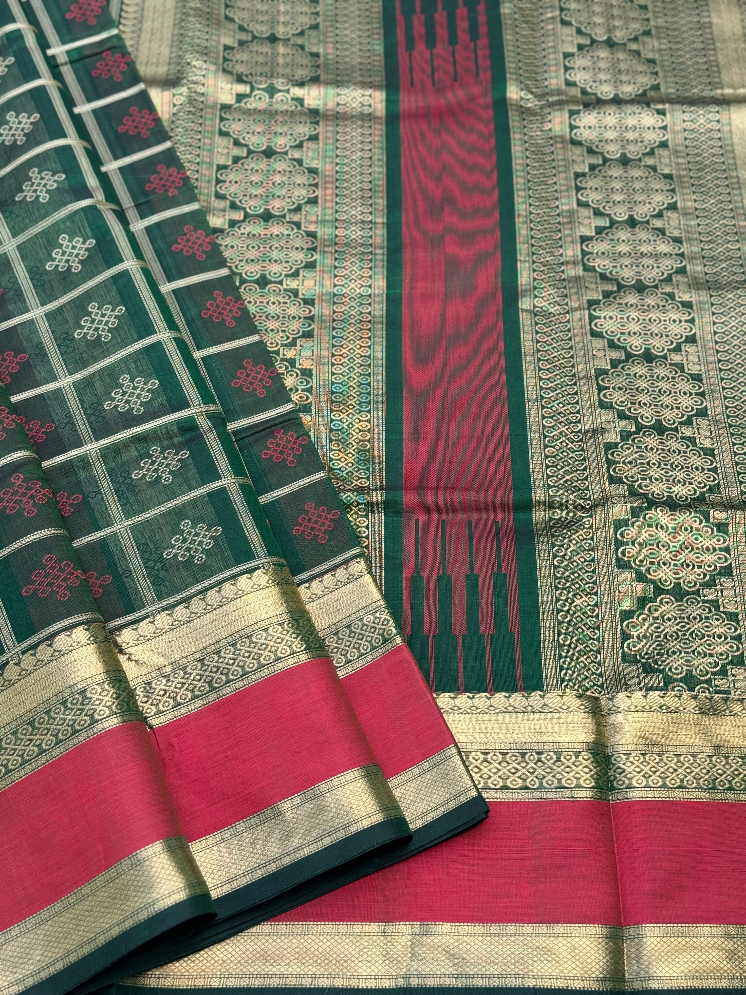 A gorgeous green shade handwoven kolam buttas silk cotton saree