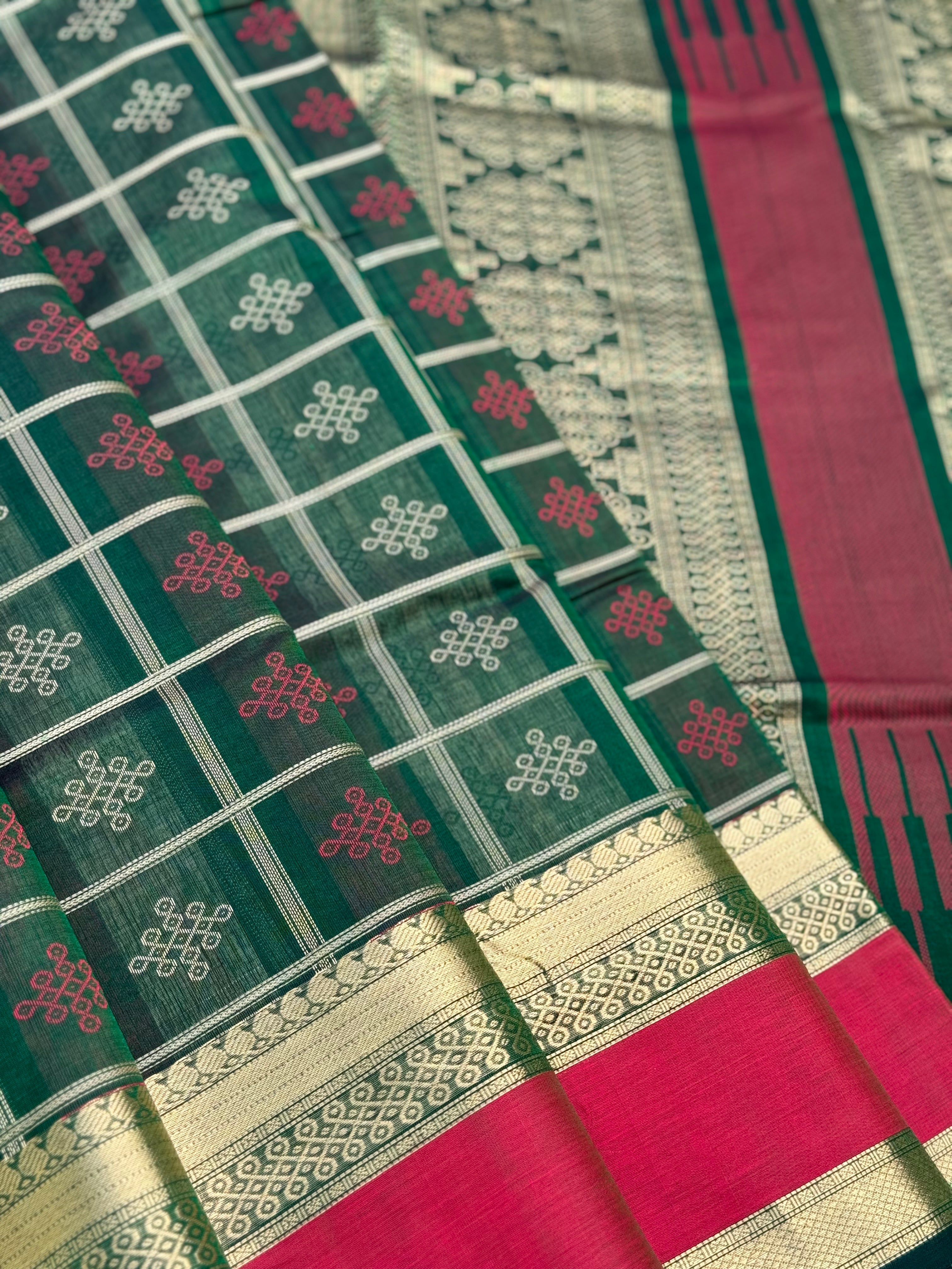 A gorgeous green shade handwoven kolam buttas silk cotton saree