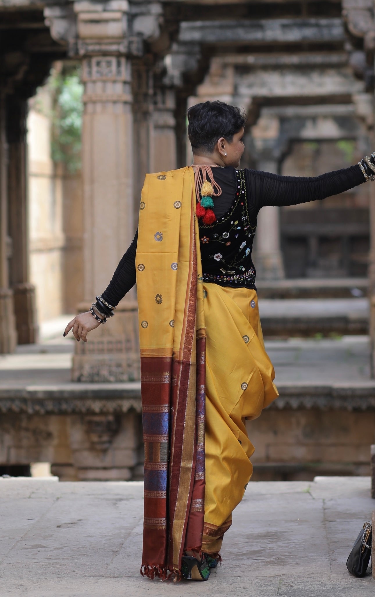 A complete Natural Dye Kanchivaram Silk saree in Pasumanjal/ Turmeric with Arakku