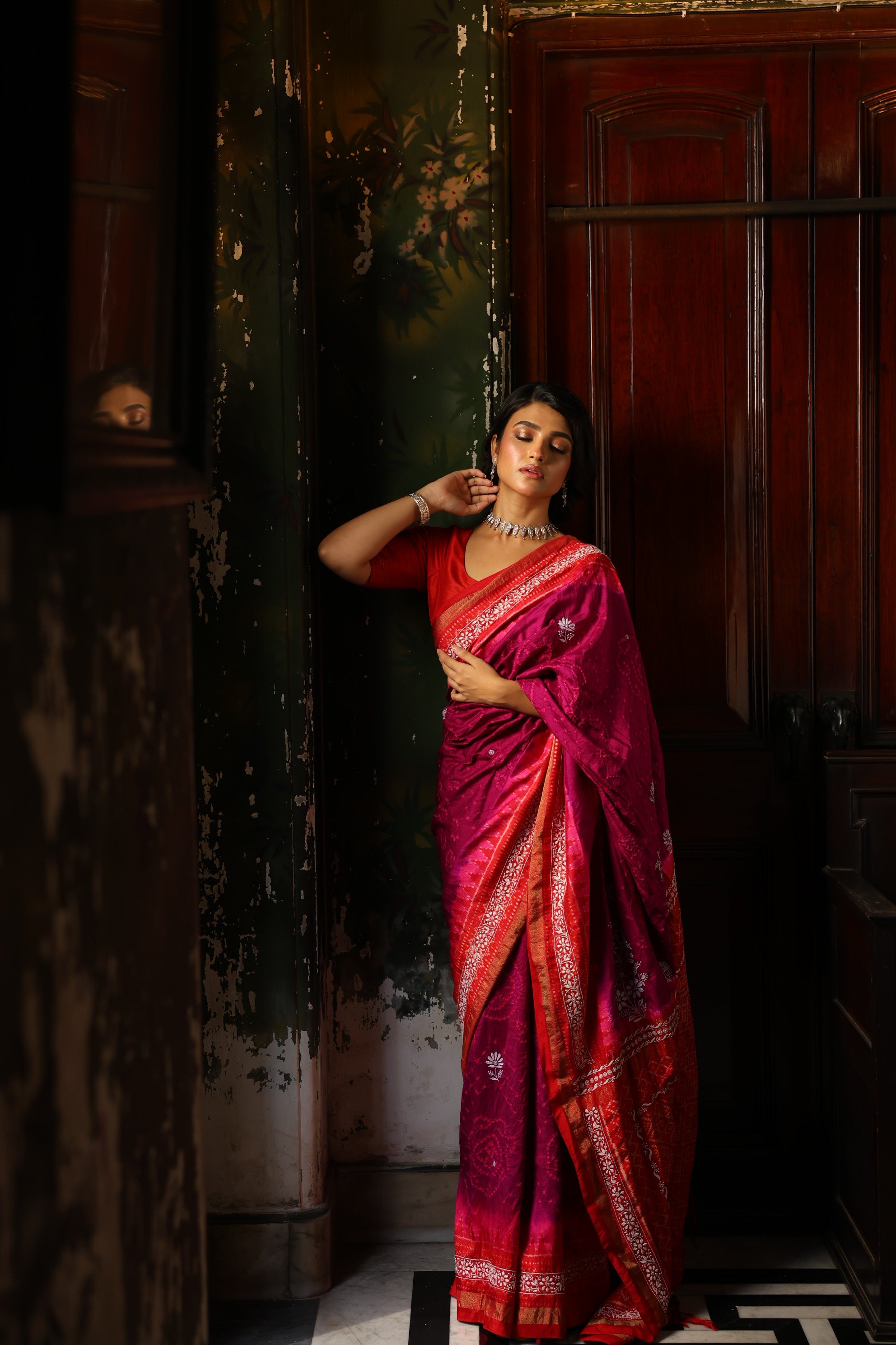 Fusion Rai Bhandej on ikkat silk with hand embroidery Chikankari work