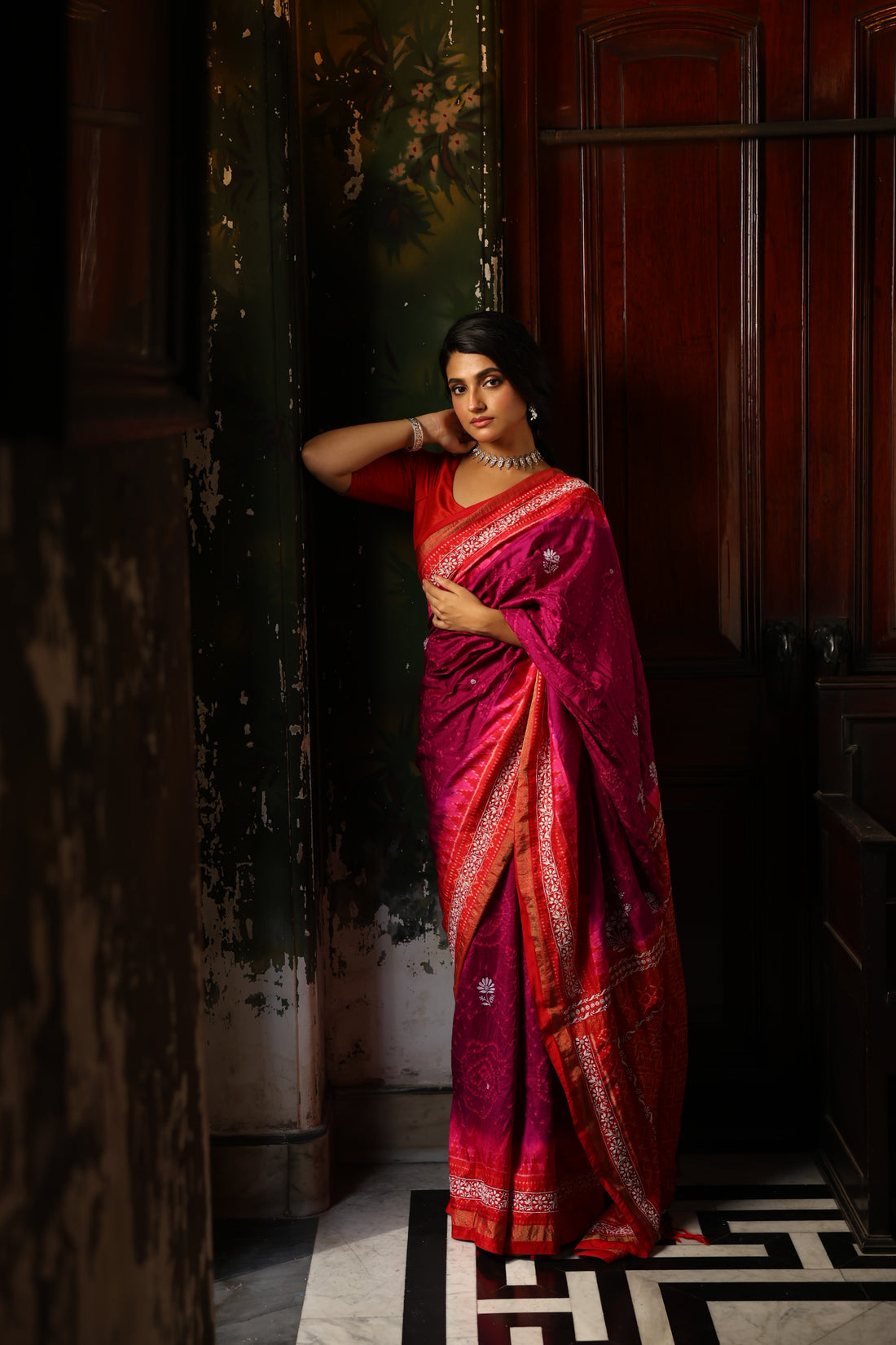 Fusion Rai Bhandej on ikkat silk with hand embroidery Chikankari work