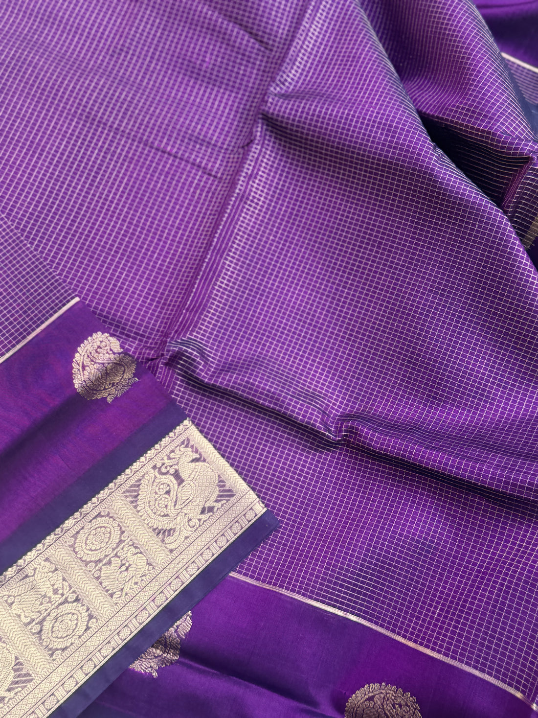 A gorgeous Purple zari checks weave handwoven kanchi silk cotton saree