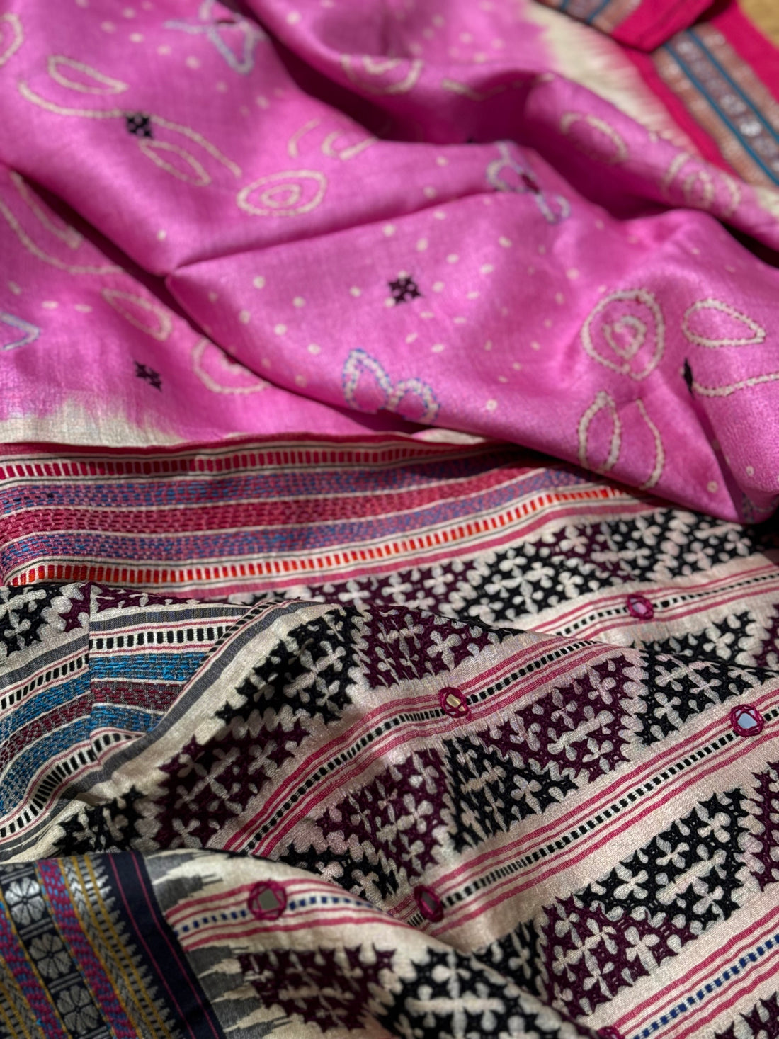 Masterpiece fusion work on handknotted bhandhej with handmade mirrorwork kutch embroidery on vidharbha tussar silk