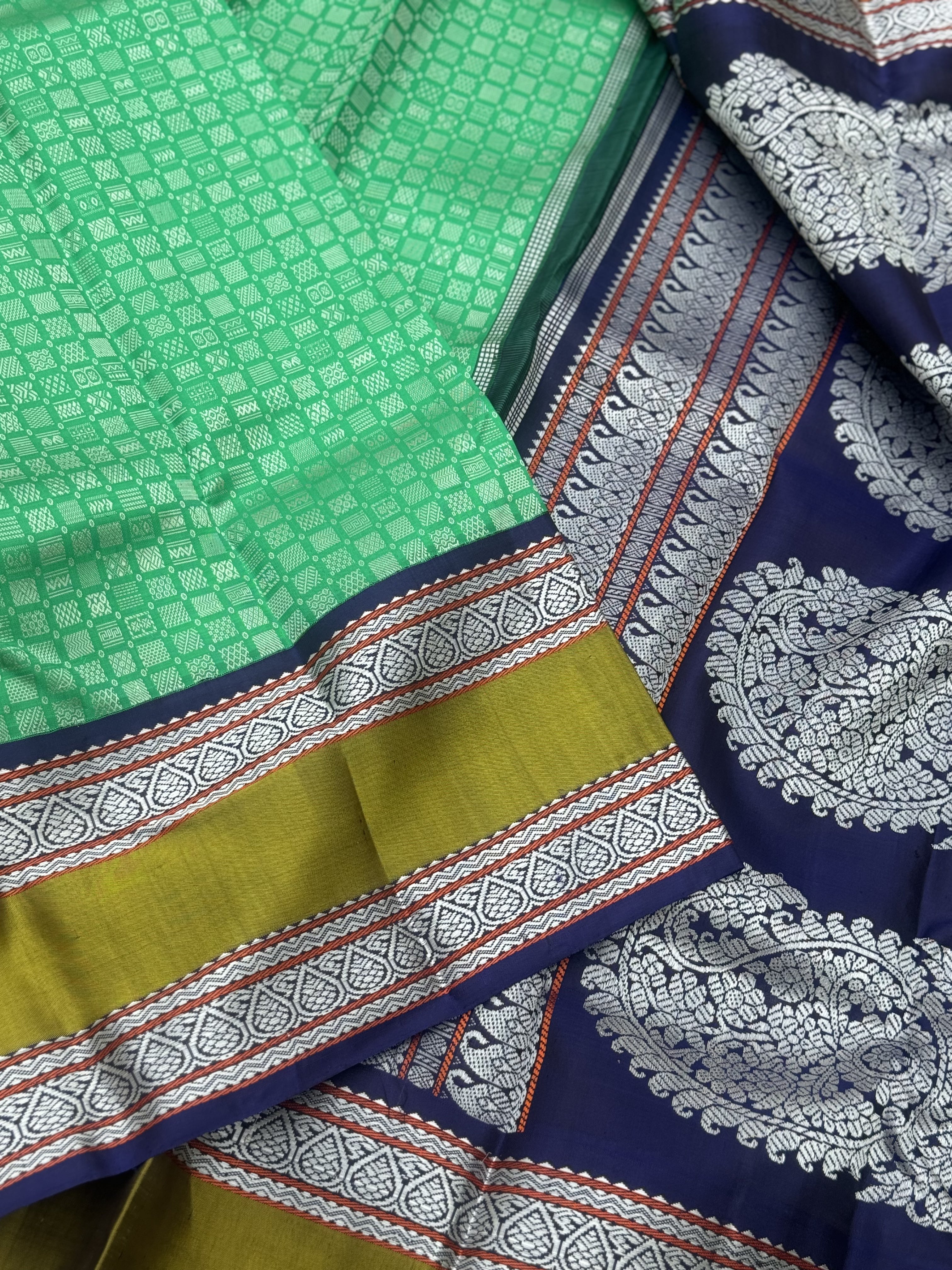 A stunner Masterpiece 48 motifs korvai kanchivaram woven silk saree with threadwork