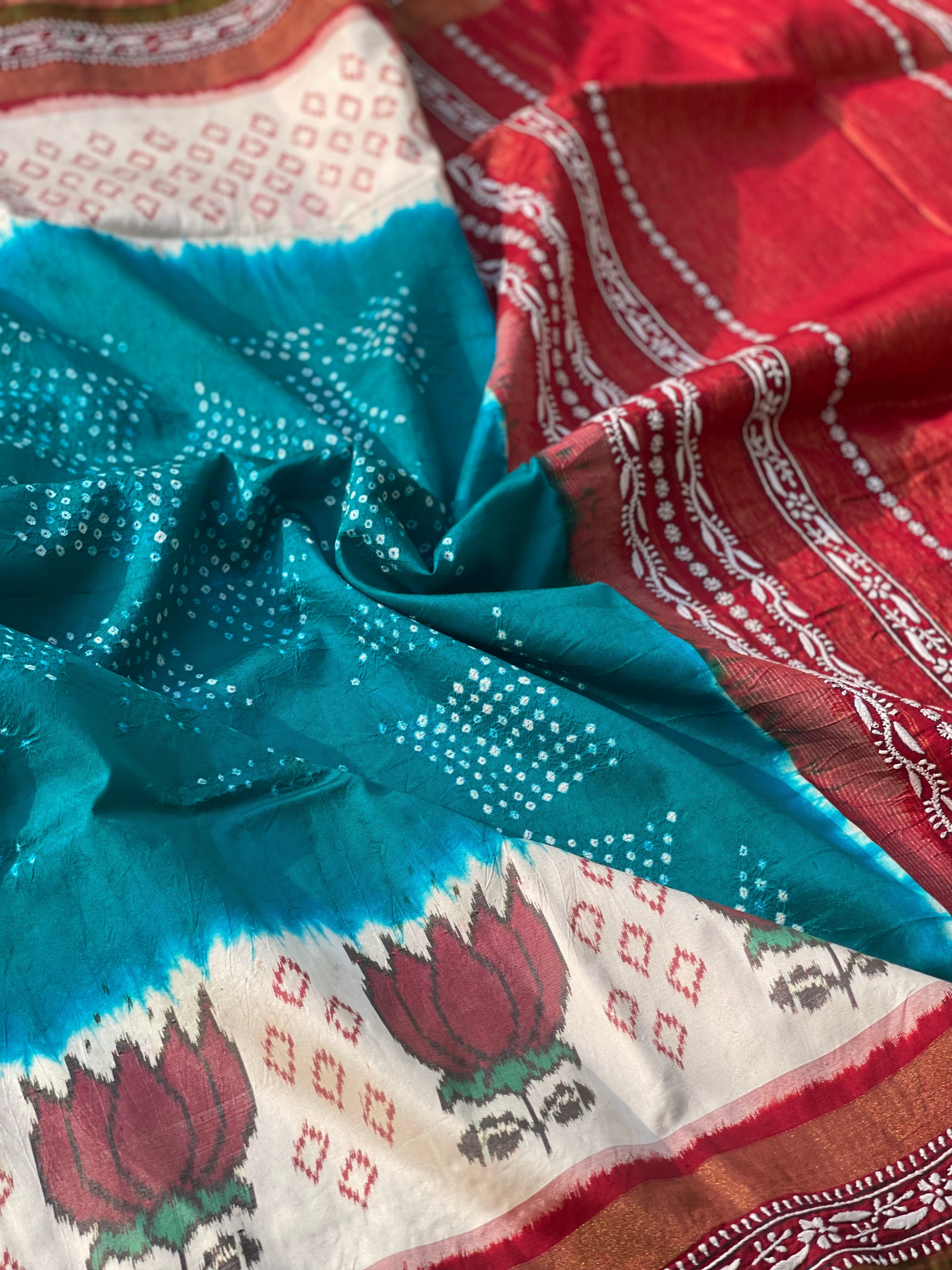 Hand knotted Rai Bhadhej with chikankari work on Ikkat silk saree