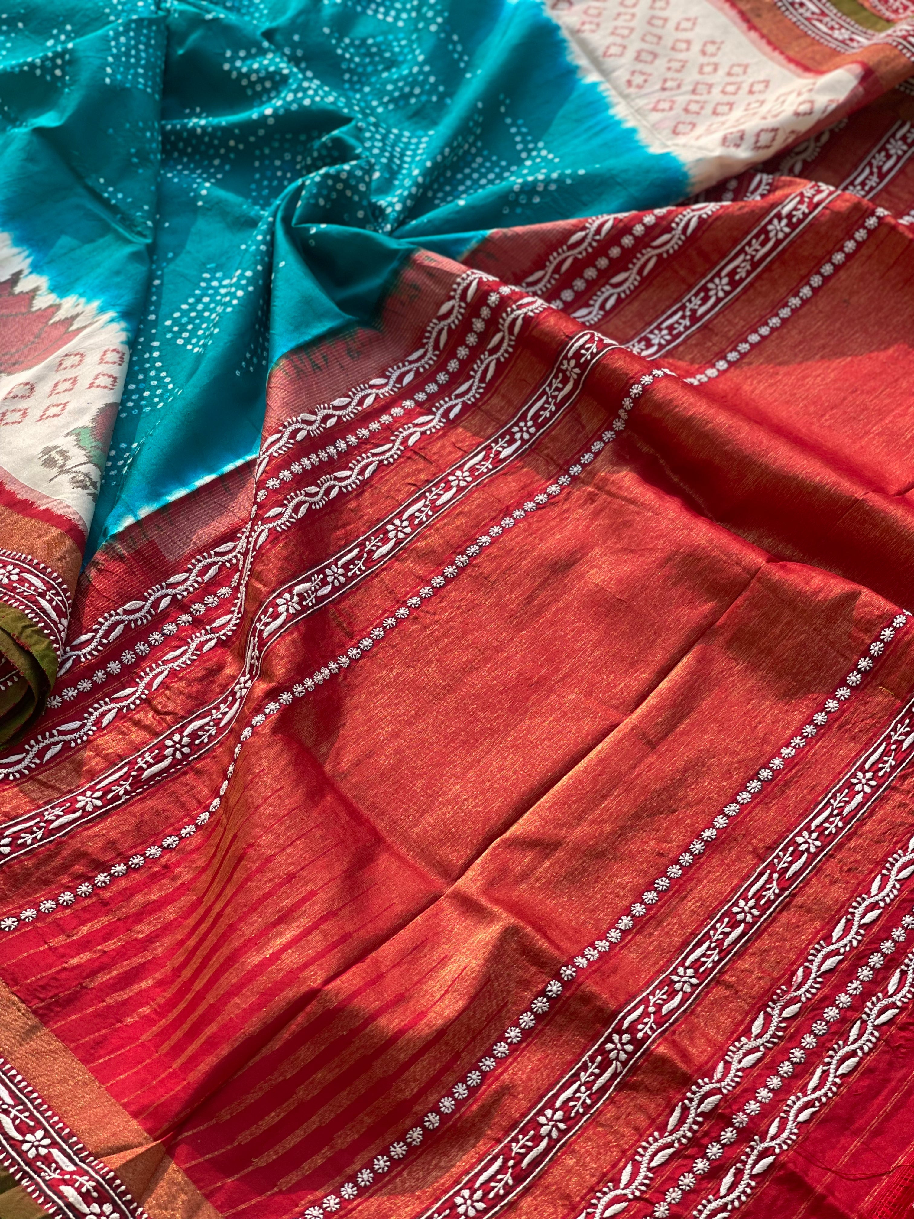 Hand knotted Rai Bhadhej with chikankari work on Ikkat silk saree