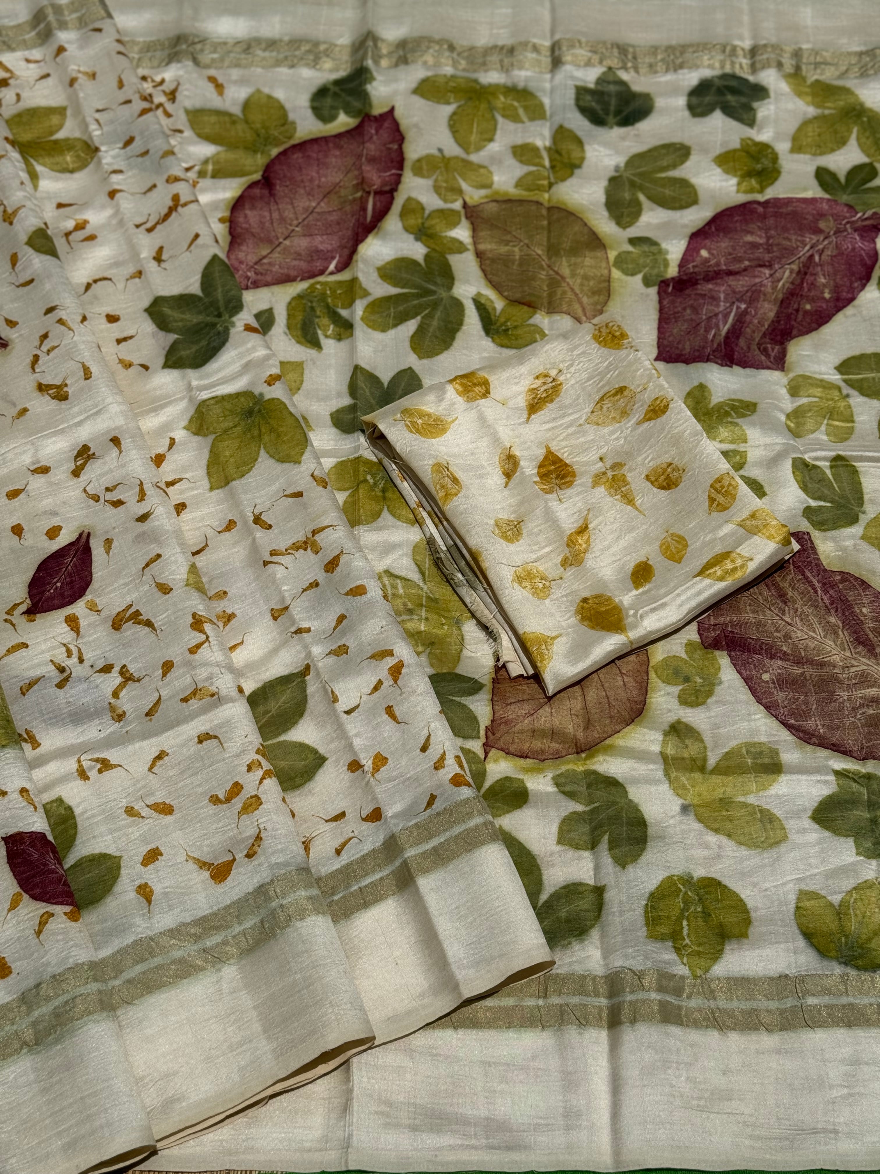 A pearl white Natural Handmade Ecoprints tussar by mulberry silk saree