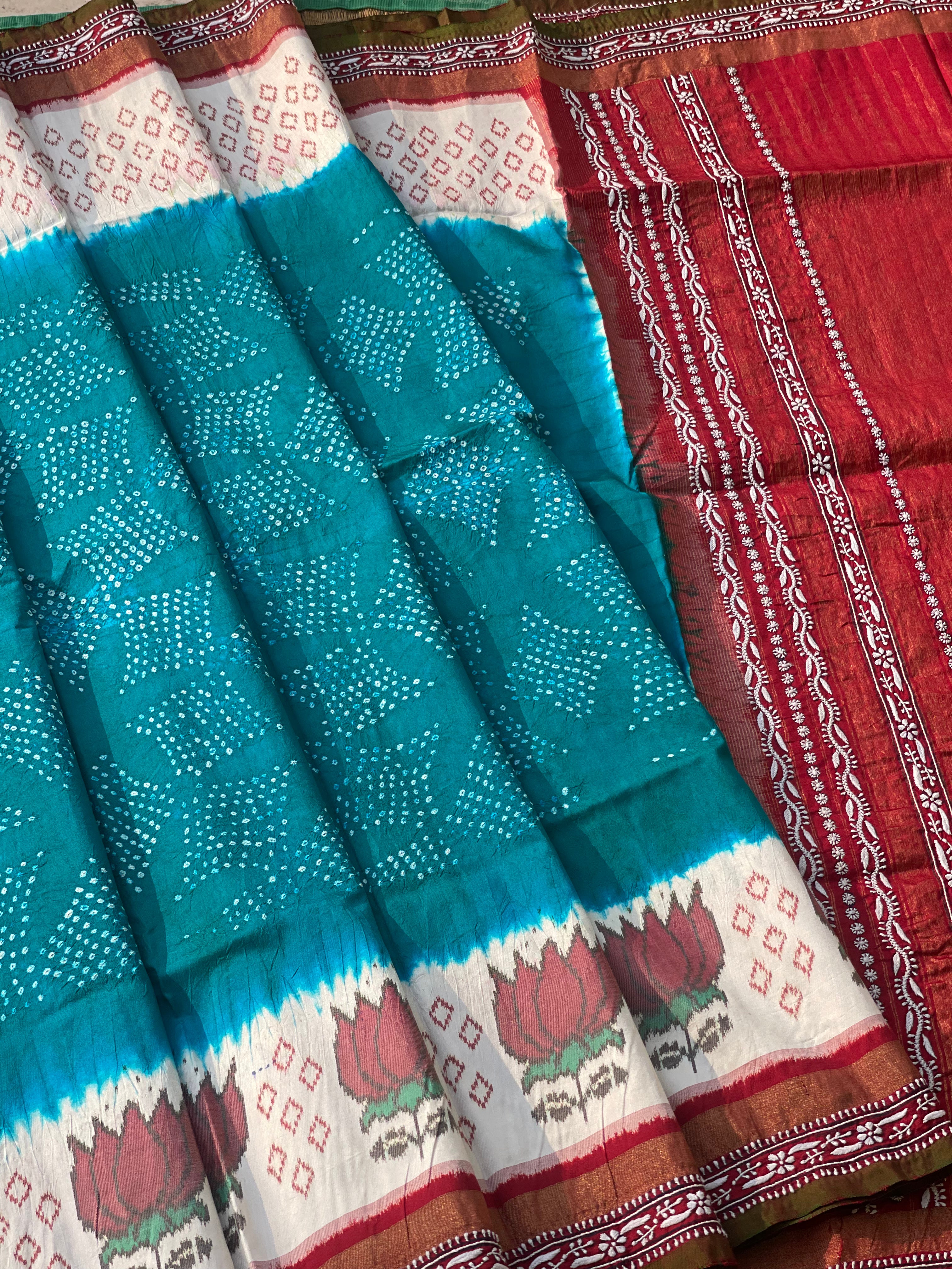 Hand knotted Rai Bhadhej with chikankari work on Ikkat silk saree