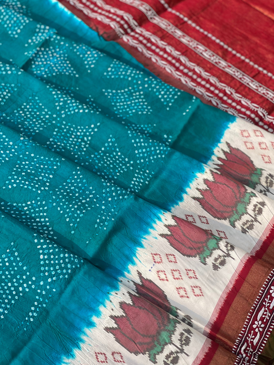 Hand knotted Rai Bhadhej with chikankari work on Ikkat silk saree