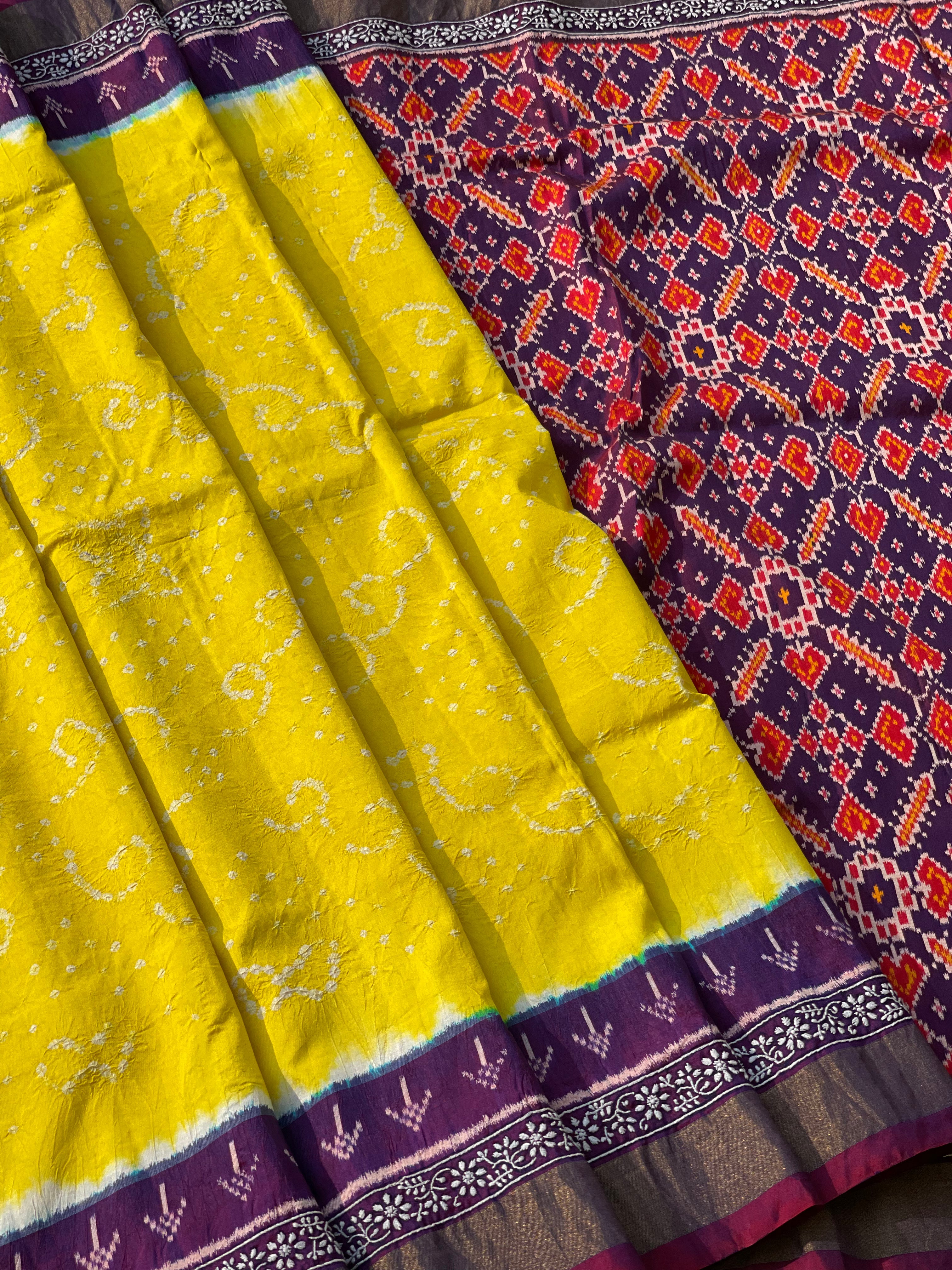 Hand knotted Rai Bhadhej with chikankari work on Tie Dyed ikkat silk saree