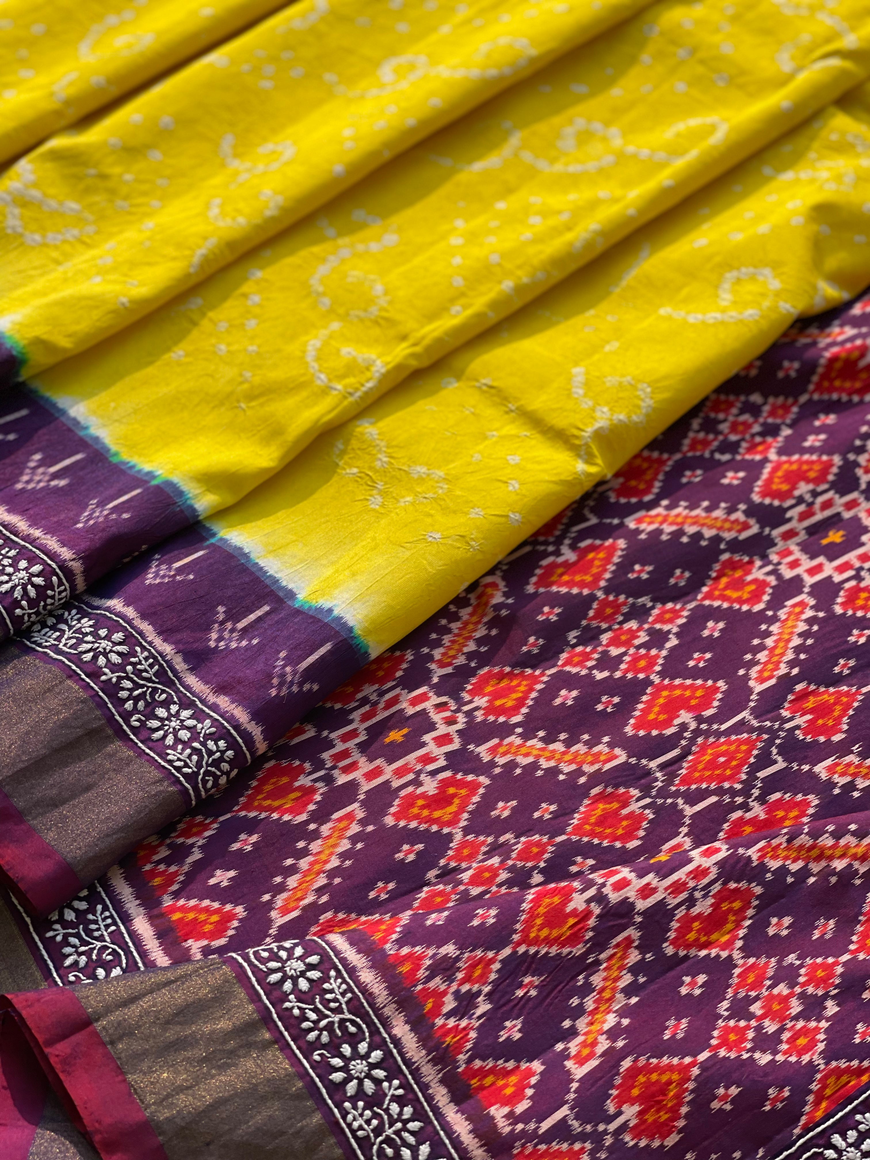 Hand knotted Rai Bhadhej with chikankari work on Tie Dyed ikkat silk saree